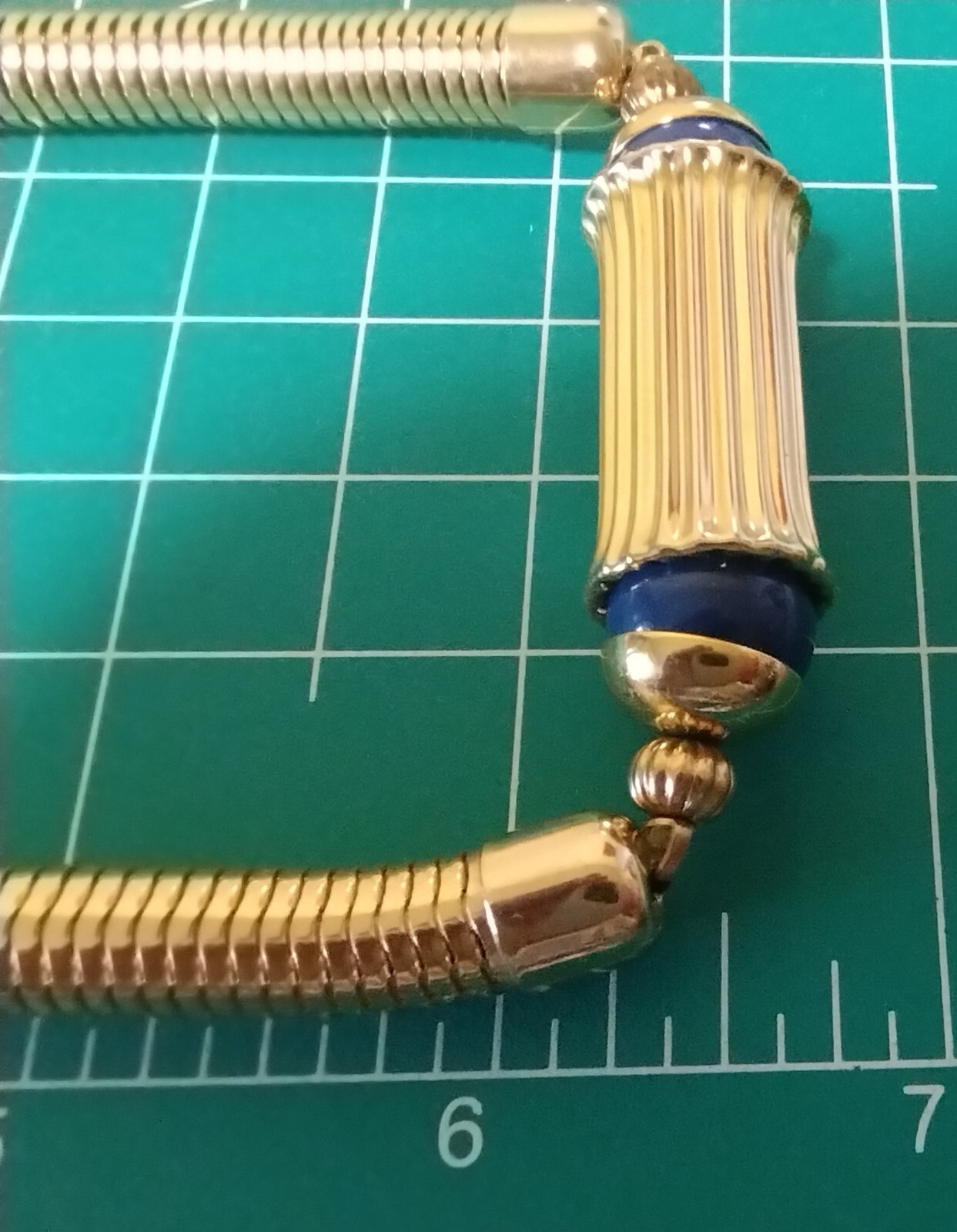 Gay Boyer Goldtone Snake Necklace with a Barrel Center Blue Enamel Ends #278