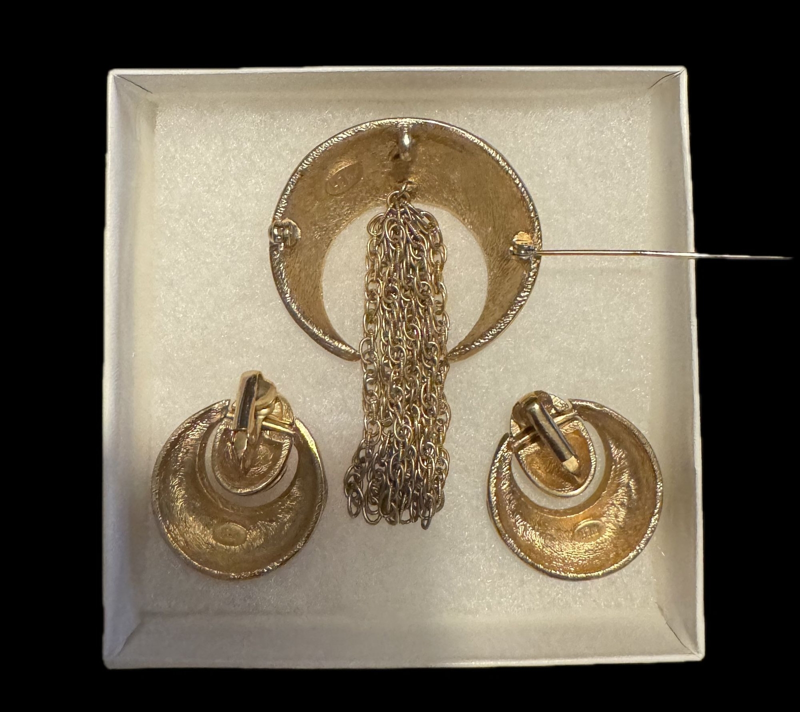 Rare Vintage Signed Hobé Enamel Brooch & Earrings Set w/ Chain Fringe