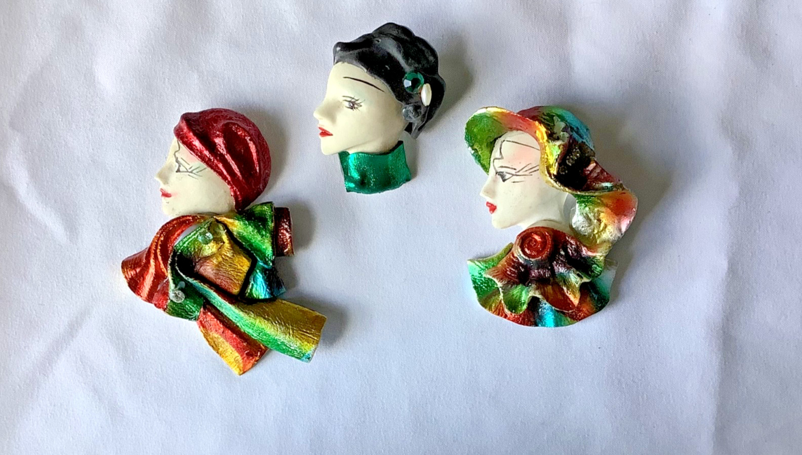 3 Vtg Art Deco Style Lady Face Vogue Brooch Pin Head Rainbow Foil Resin B113