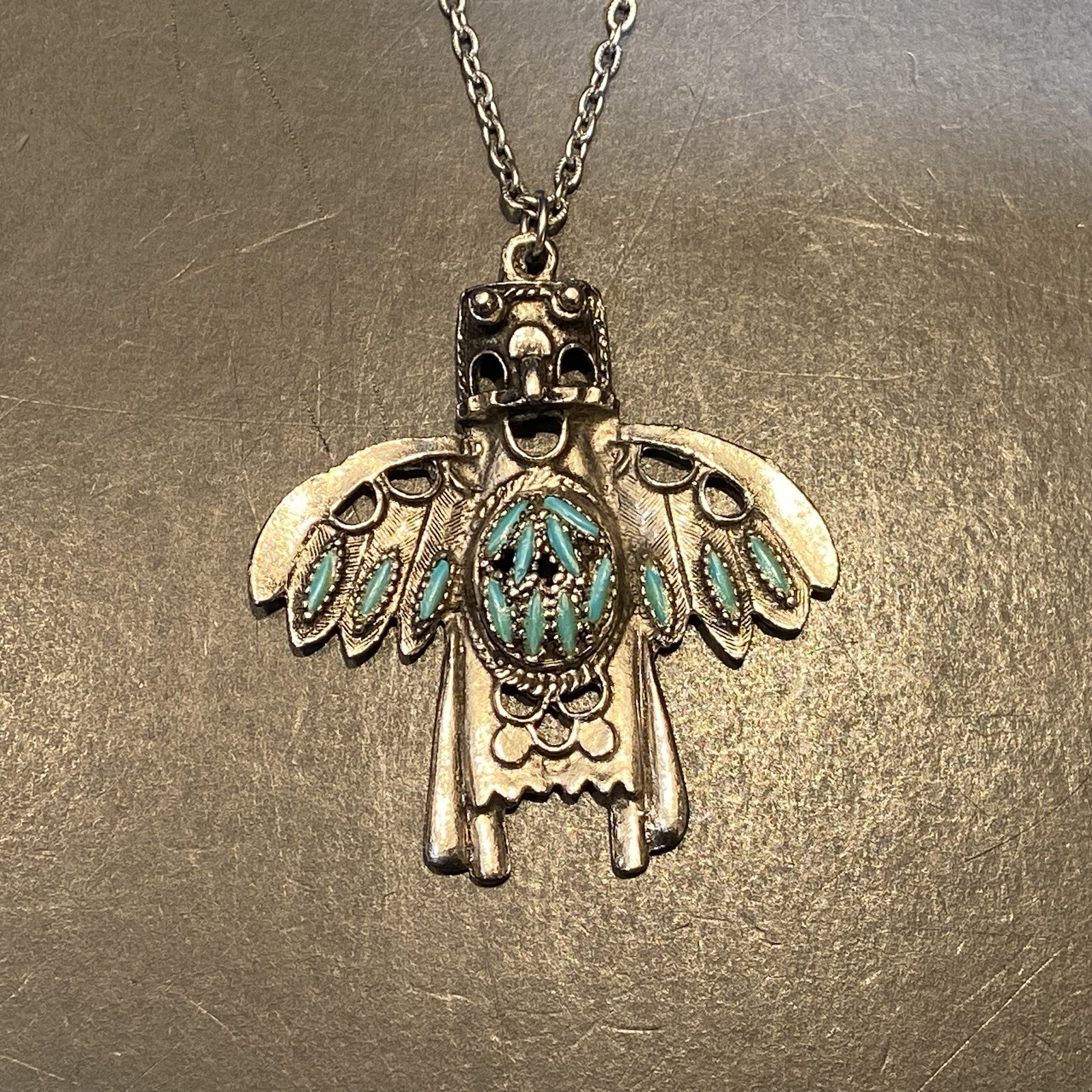 VTG Thunderbird Kachina Pendant Necklace Faux Turquoise Silver Tone Southwestern