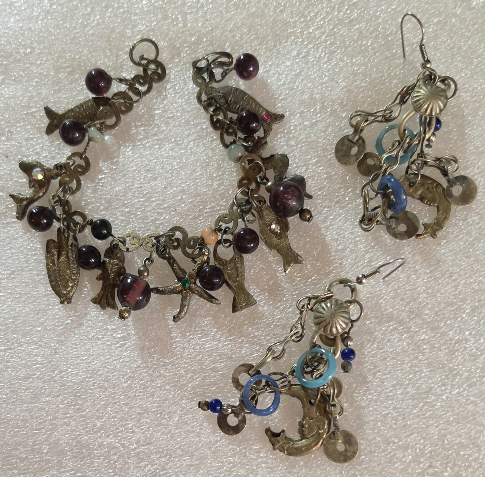 Vintage Folk Art Figural Charm Bracelet & Drop Dangle Pierced Earrings