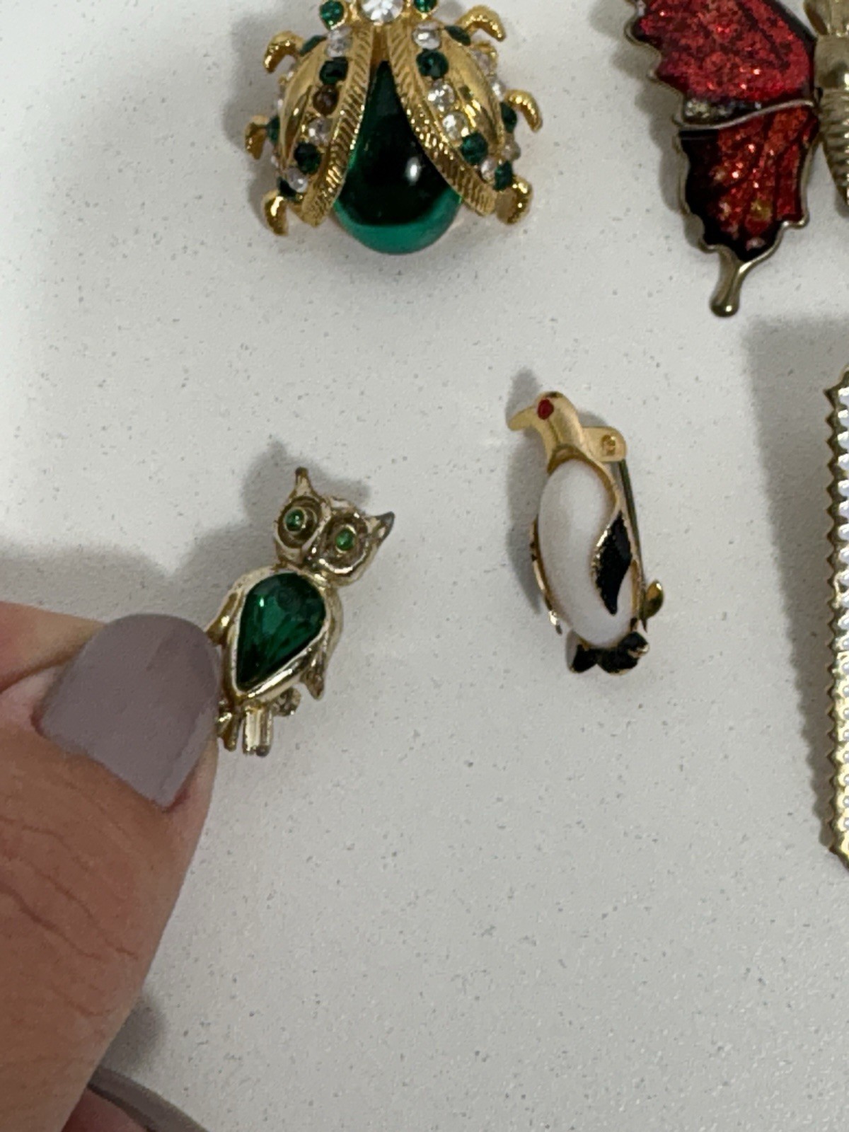 Vintage Brooch Pin Lot 6 Bug Green Cat Owl Penguin Butterfly Rhinestones Animals