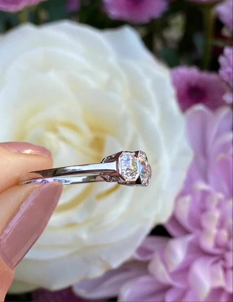 Three Stone 1.50CTW White Round Cut CZ Antique Style Art Deco Ring In 925 Silver