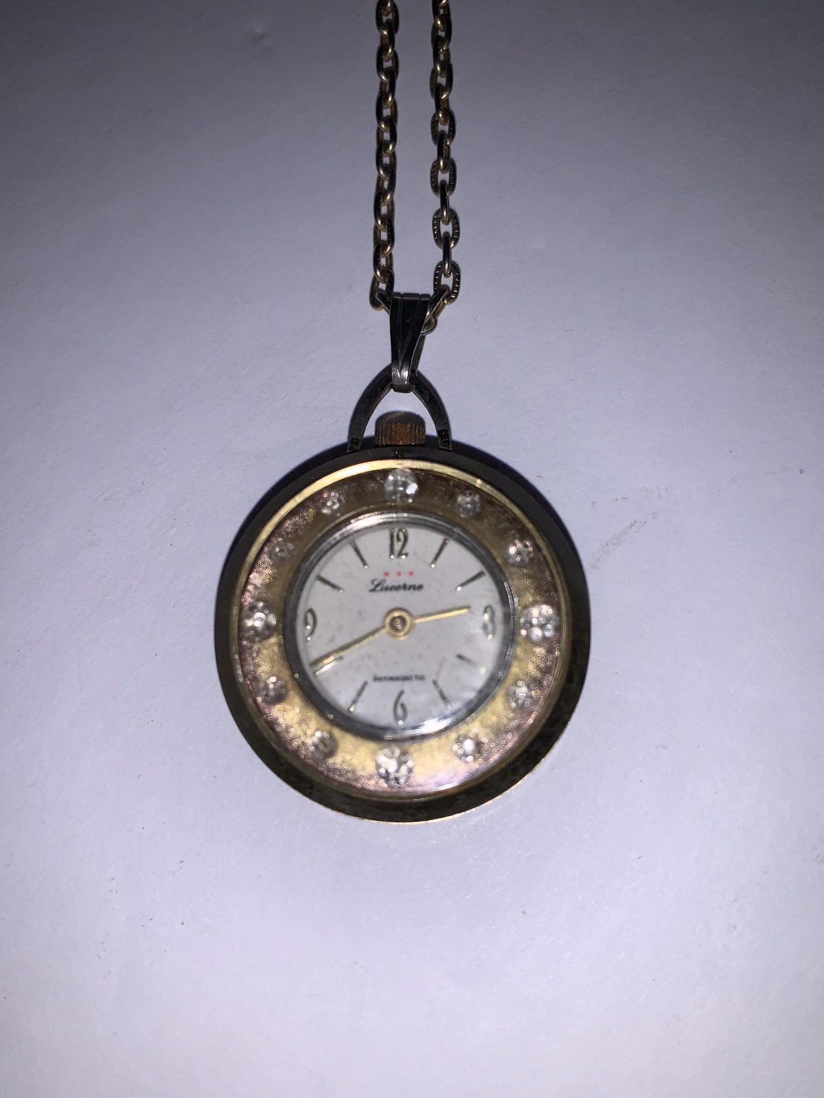 Vintage Lucerne Necklace Watch Gold Toned With Clear Rhinestone Not sure if work