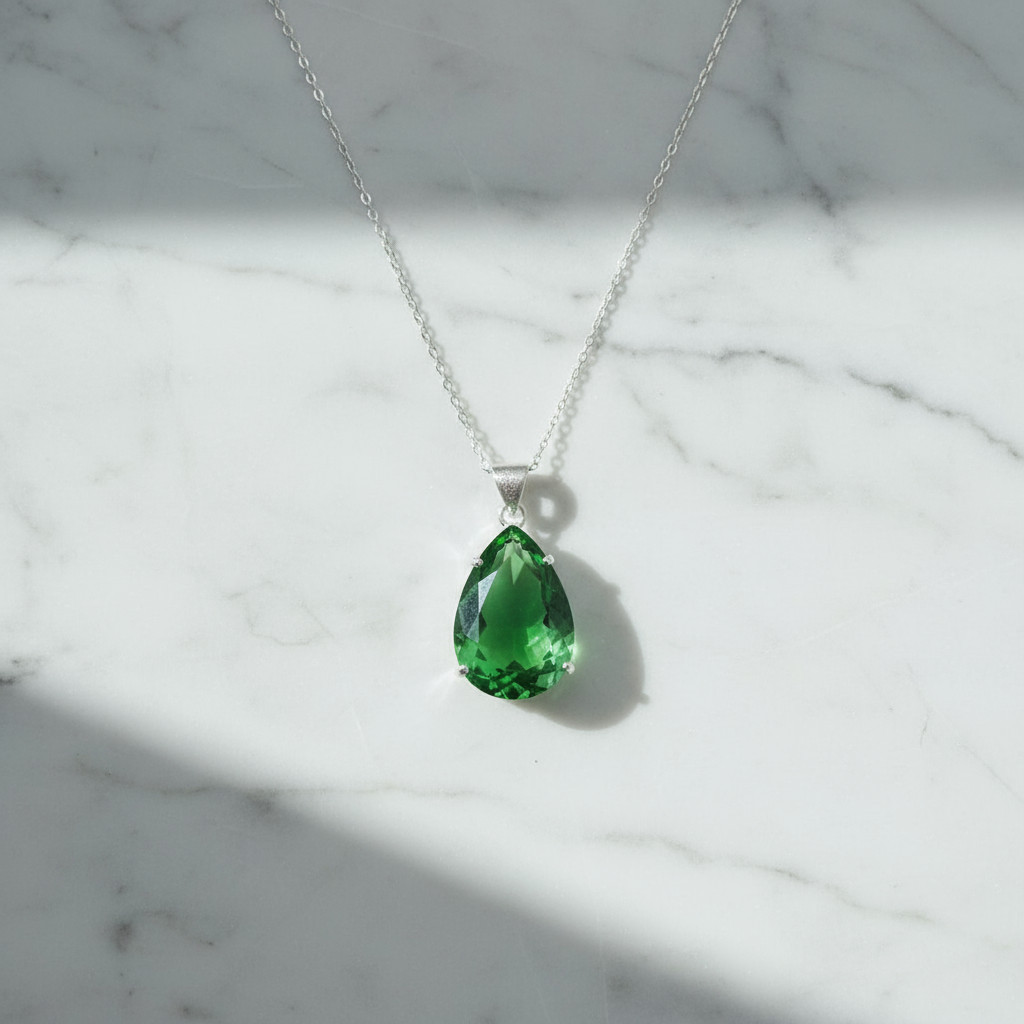 Emerald Pear Cut Sterling Silver Pendant Necklace: 70-80 Carat Gemstone
