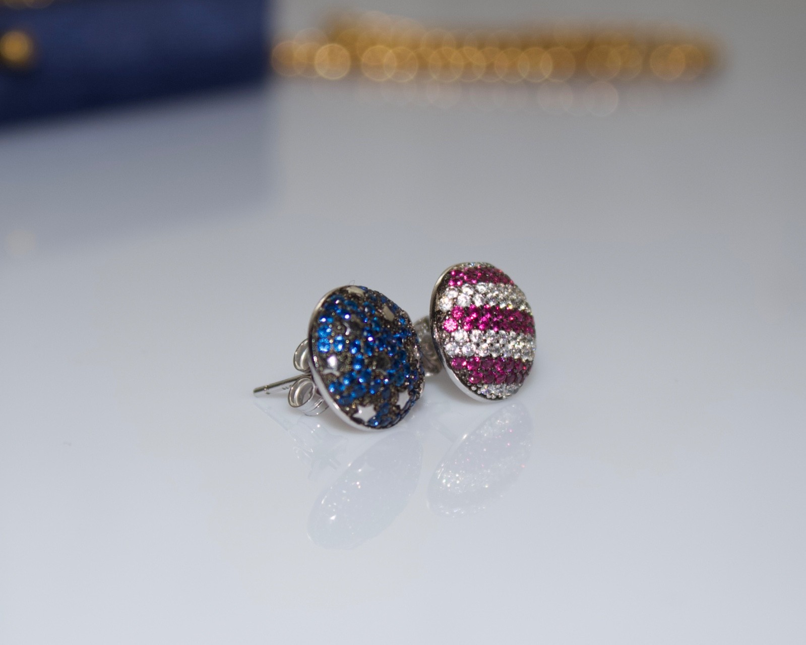 Vintage Ruby & Sapphire Red White and Blue Stud Earrings American Flag Stars and