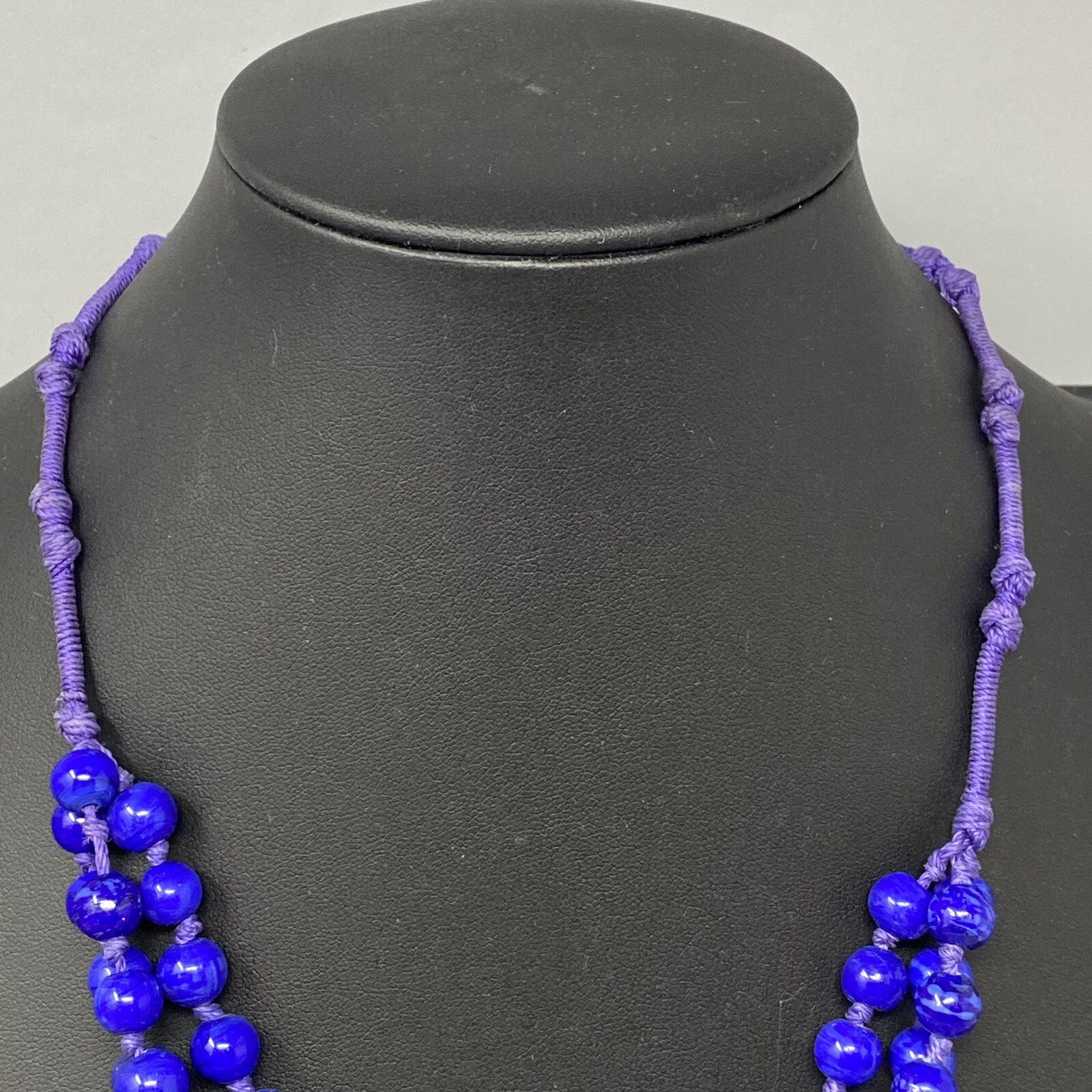 VTG Ceramic Bead Necklace Blue Marble Hand Knot Cord Chain Multi Strand Boho 21″