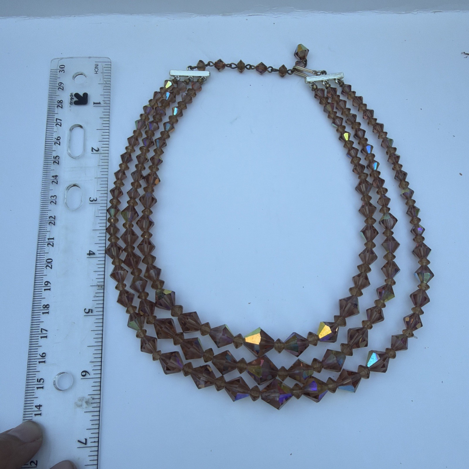 Vintage Graduated Iridescent Three Strand Champagne Bicone Crystal Bead Necklace