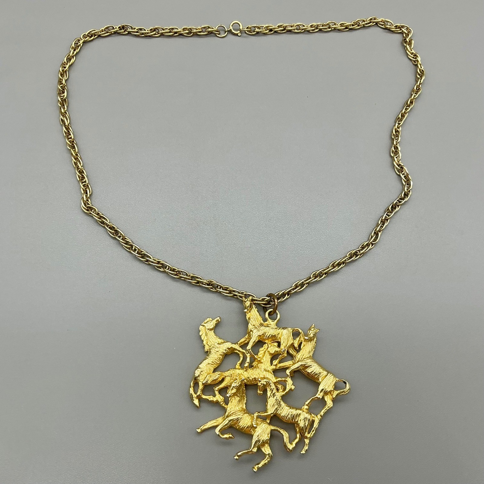 Vintage Necklace Equestrian Running Wild Horses Gold Tone Pendant Statement