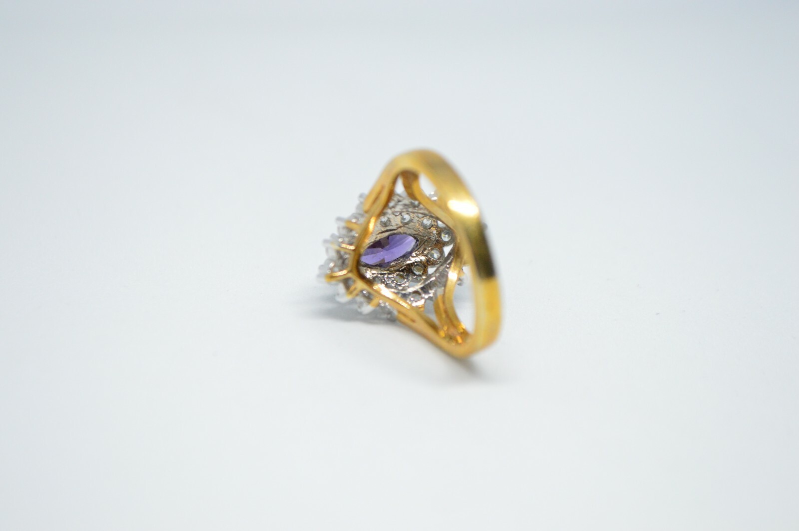 Purple Clear Glass Rhinestone Cocktail 14kt Gold Plated HGE Ring Size 7.5