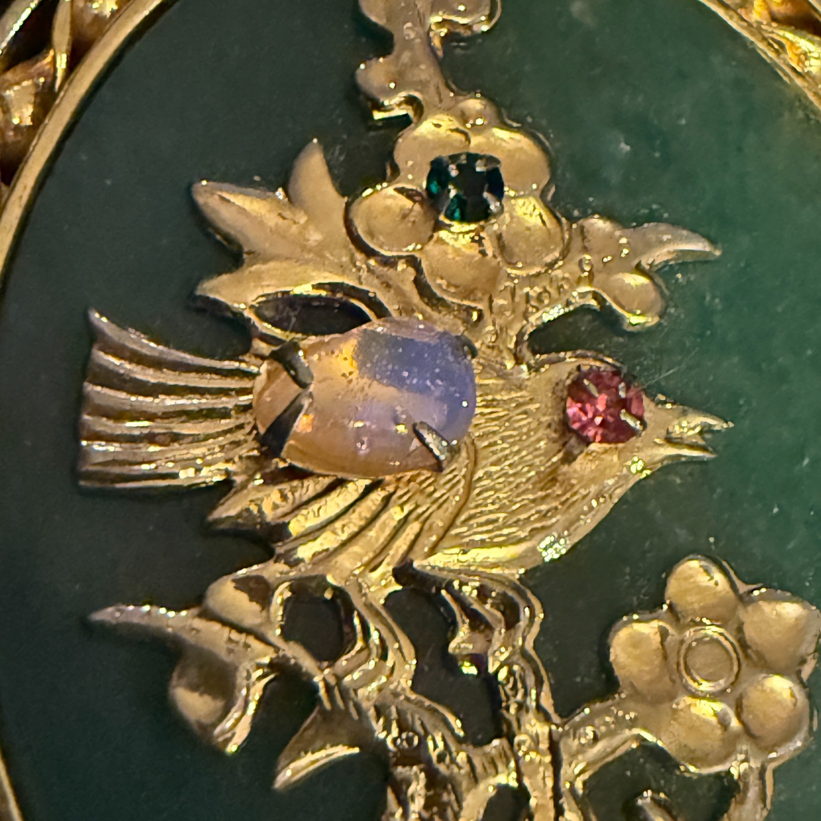 VTG Chinese Jade Pendant Opal Ruby Sapphire Emerald Bird Gold Tone Reversible Fu