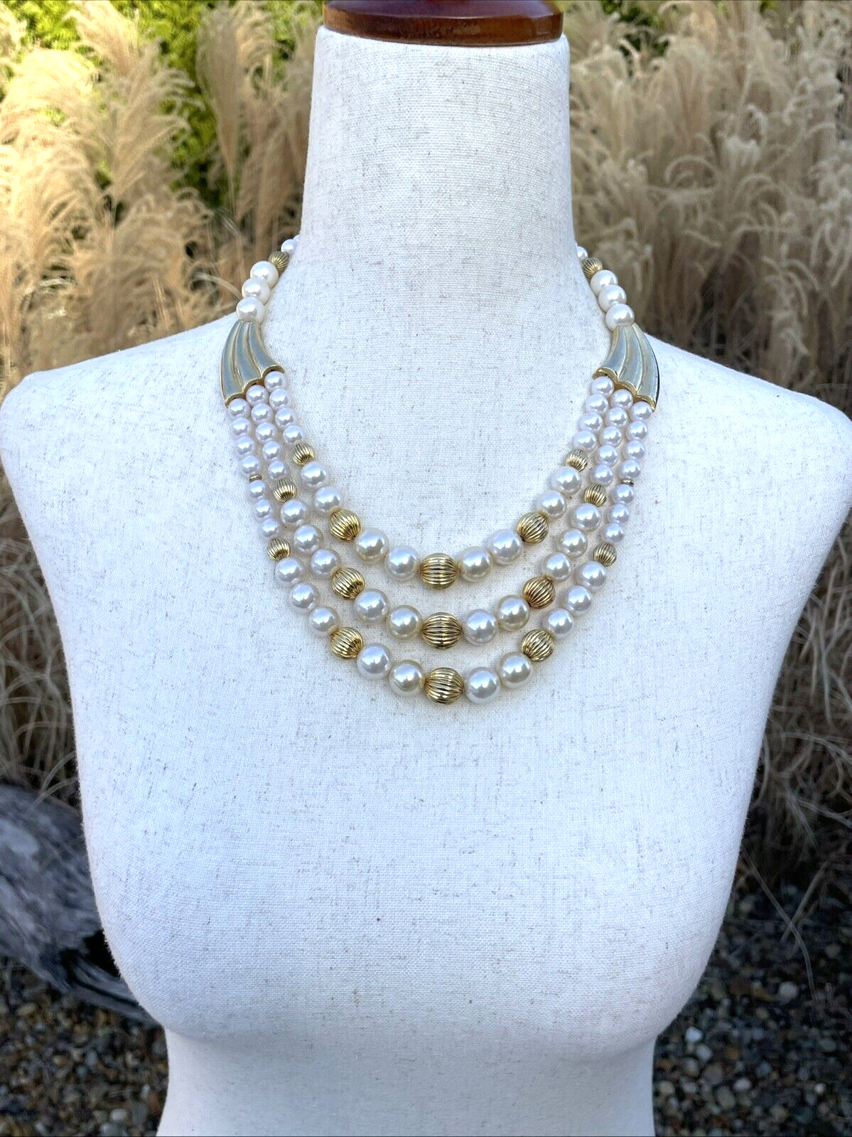 Vintage 1950’s Gold, White & Champagne Faux Pearls Bib Necklace