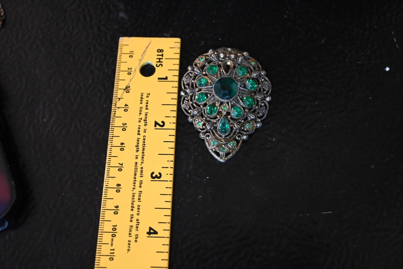 New England Glass Work vtg Brooch Pin Green Rhinestones Filigree Marked Read