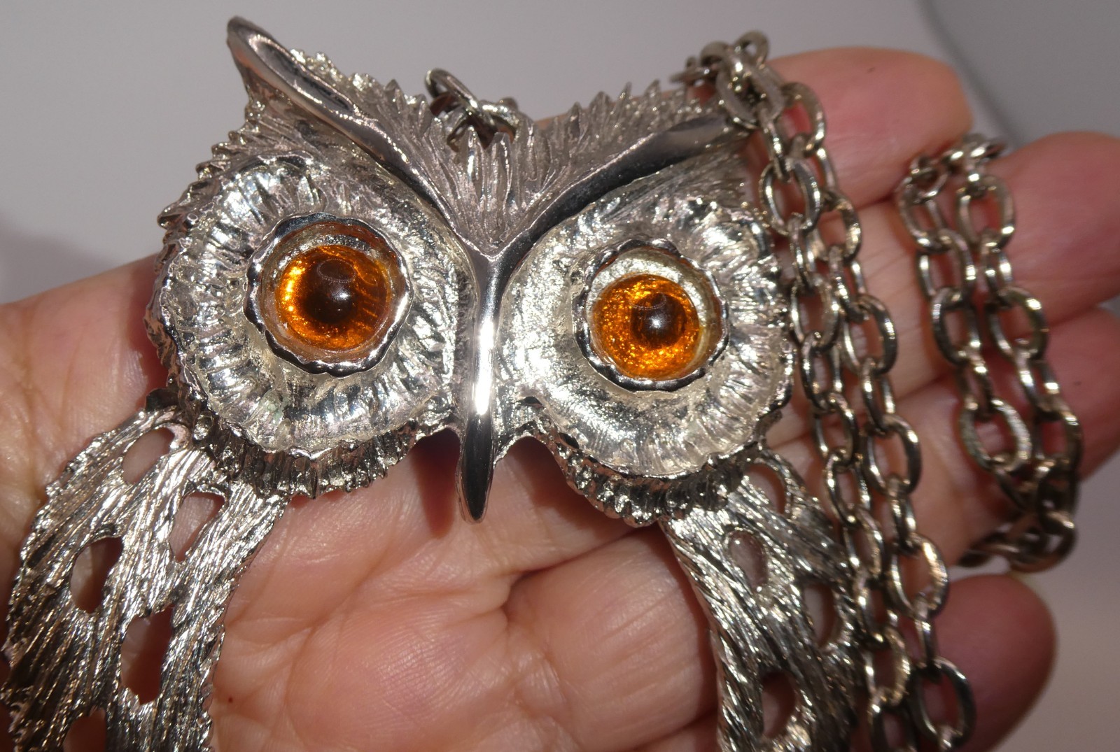 Vintage Huge Owl Pendant Chain Necklace Retro 70s Statement Jewelry Amber Eyes