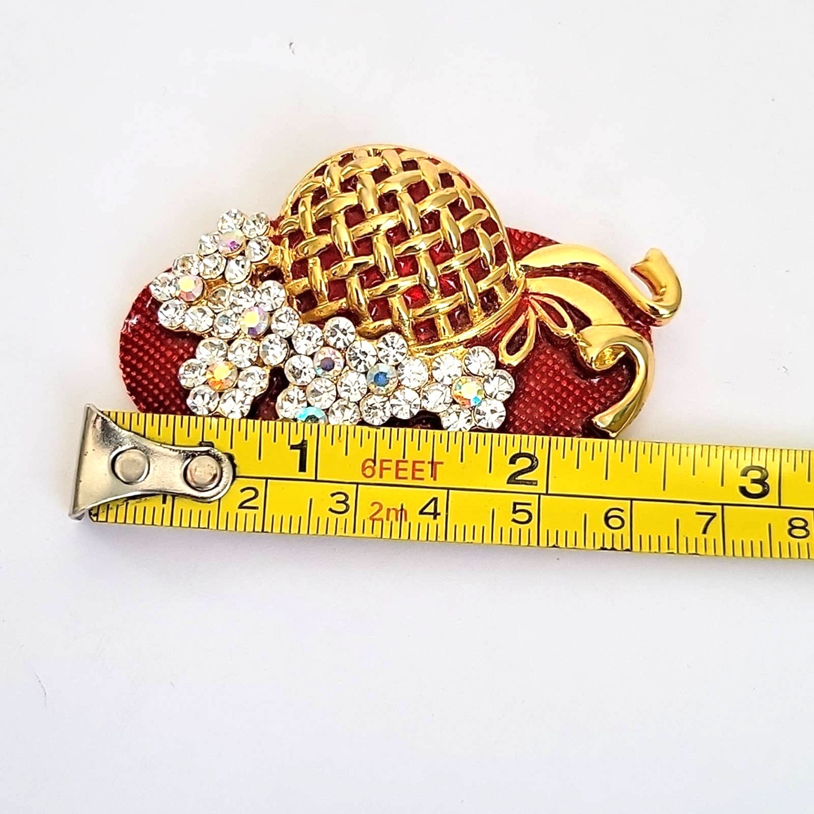 Vintage Brooch Red Enameled Hat Gold Tone Floral Rhinestone Cluster Grandmacore