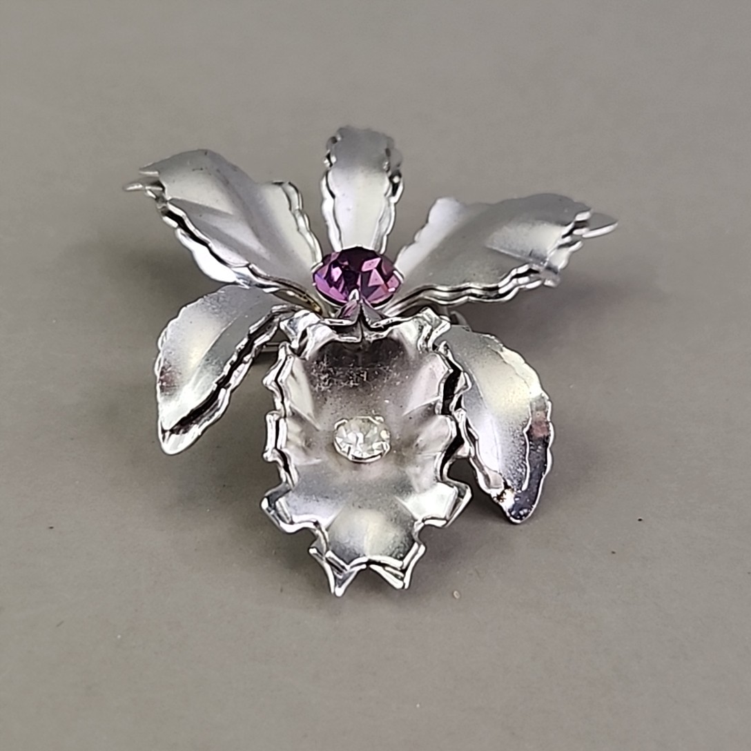 Vintage Flower Brooch Orchid Purple Rhinestone Silver Tone 2″