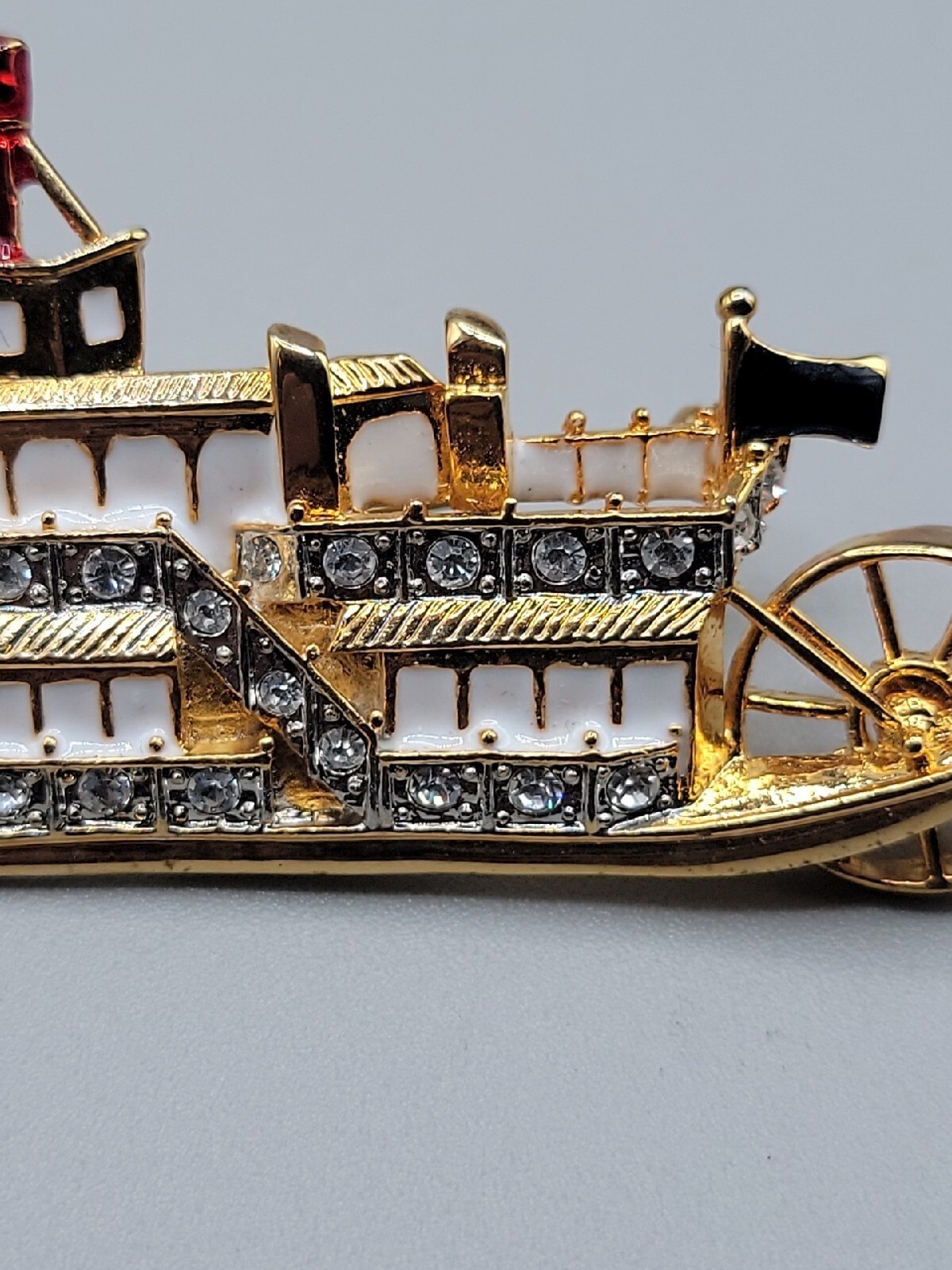 Vintage L-S Louis Stern Steamboat Brooch Pin Rhinestone Studded Gold Tone Estate
