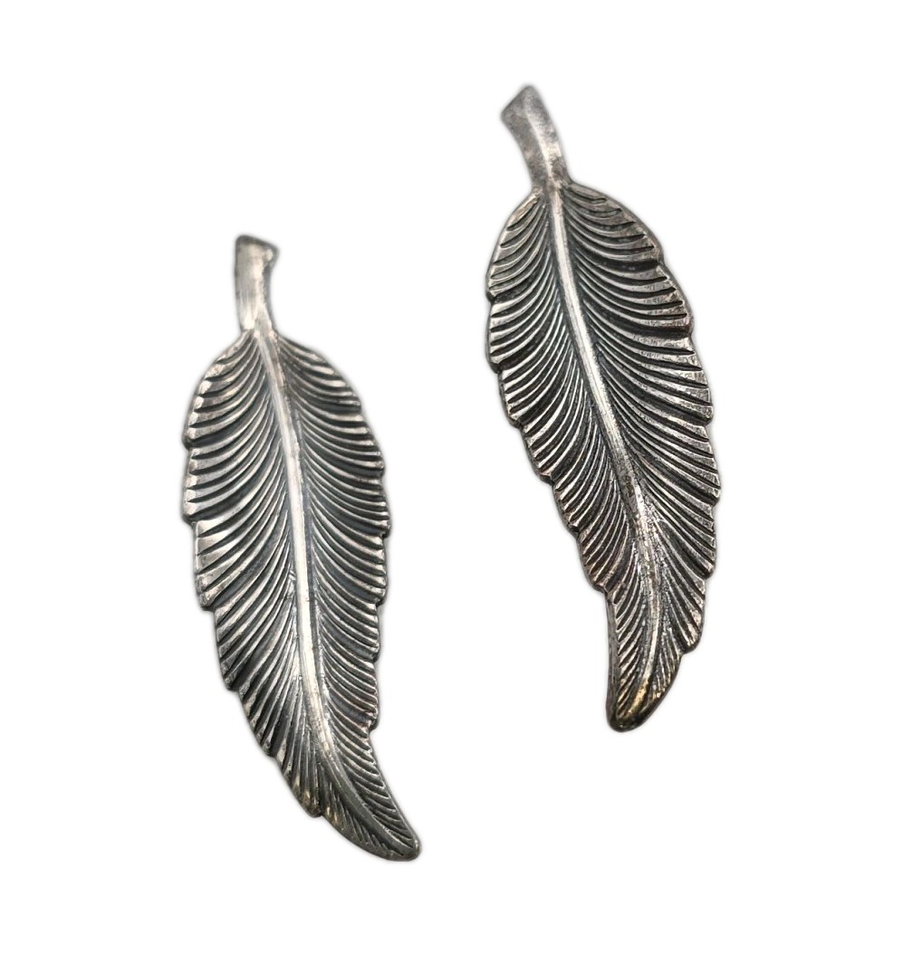 Vintage Silver Tone Bird Feather KIM Signed Etched Hippy Screw Back Boho Earring