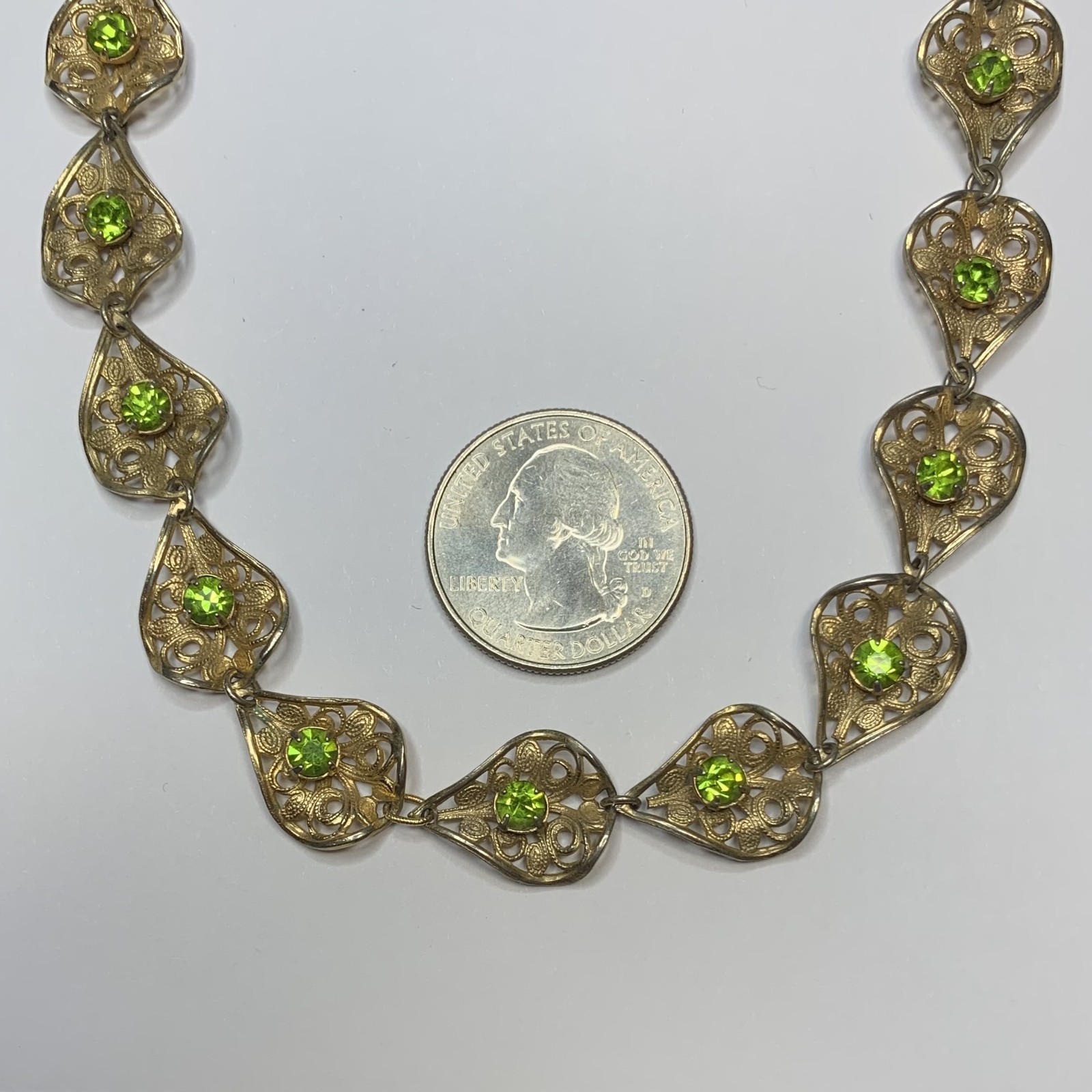 Vintage Gold Tone Necklace Filigree Petals With Lime Green Rhinestones 22”