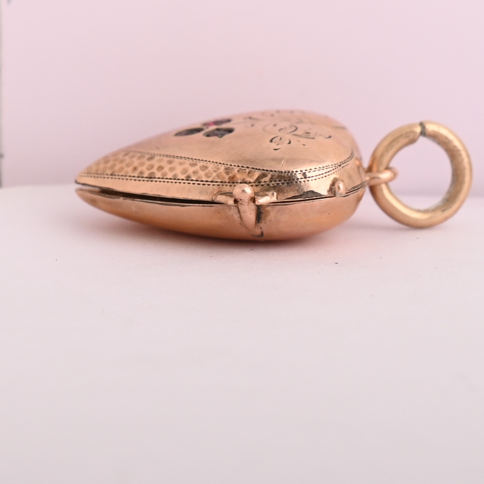 Antique Victorian Rose Gold Filled HEART CLOVER Paste Puffy Charm Pendant Locket