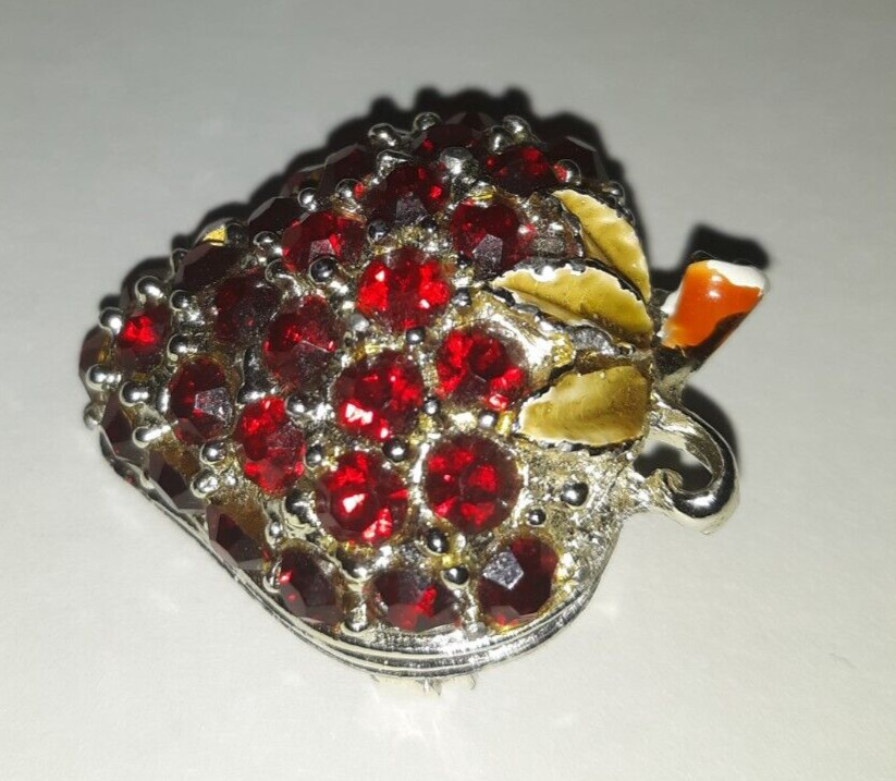 Vintage Red rhinestone strawberry pin VIVID GREEN LEAVES