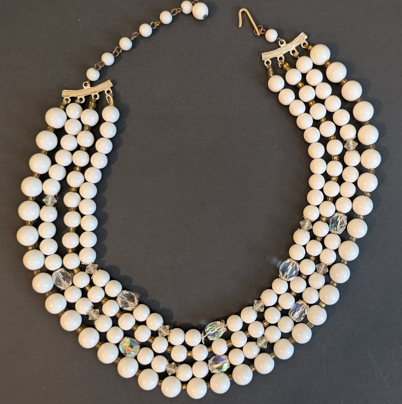 1950s Four Strand White Beads & Austrian Crystal Aurora Borealis Necklace Japan