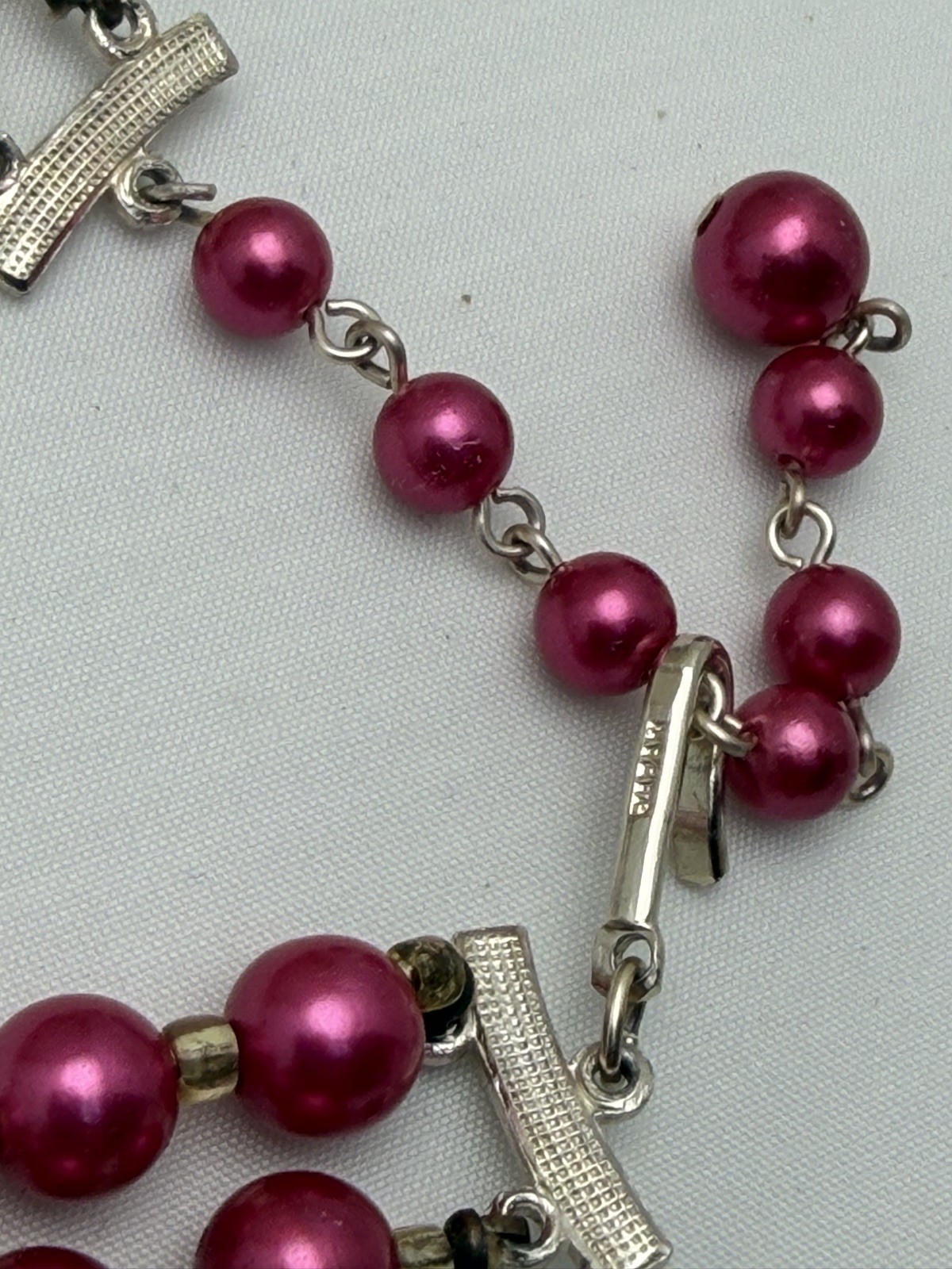 Vintage Japan Made Marked Pink & Red Three Strand Draping Beaded Necklace