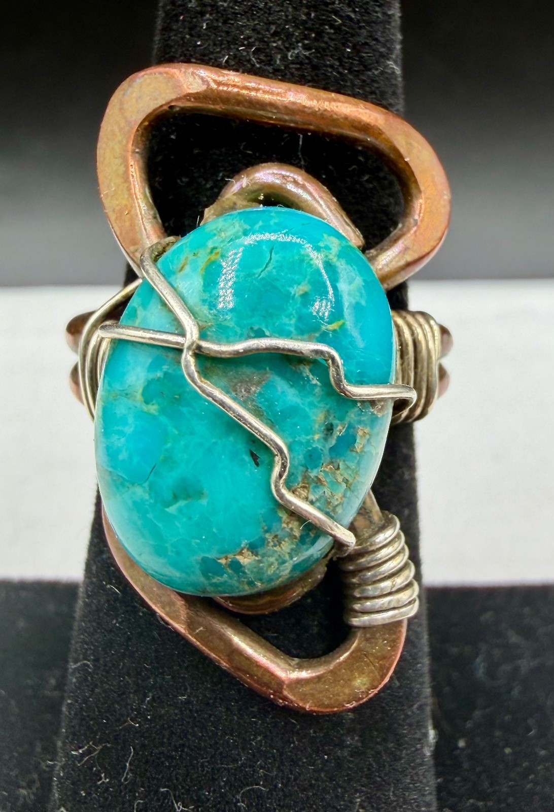 Artisan Mixed-Metal Copper Turquoise Wire Sterling Silver Wrapped Ring Sz 6