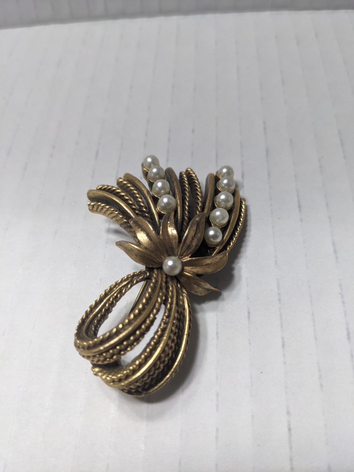 Vintage Gold Tone Bow Brooch with Faux Pearls and Rollover Safety Clasp Chic