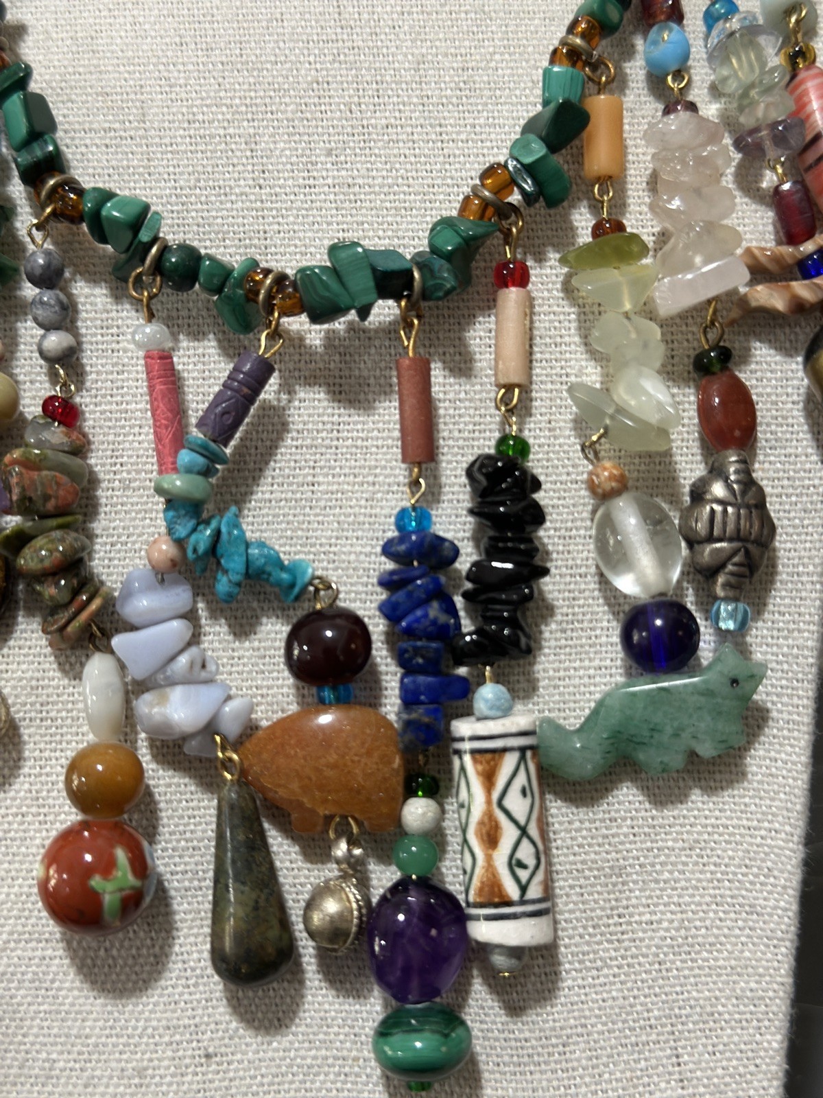 Vintage Multi Gemstone Charm Necklace Green Bead Strand Dangle Drop Boho Ethnic