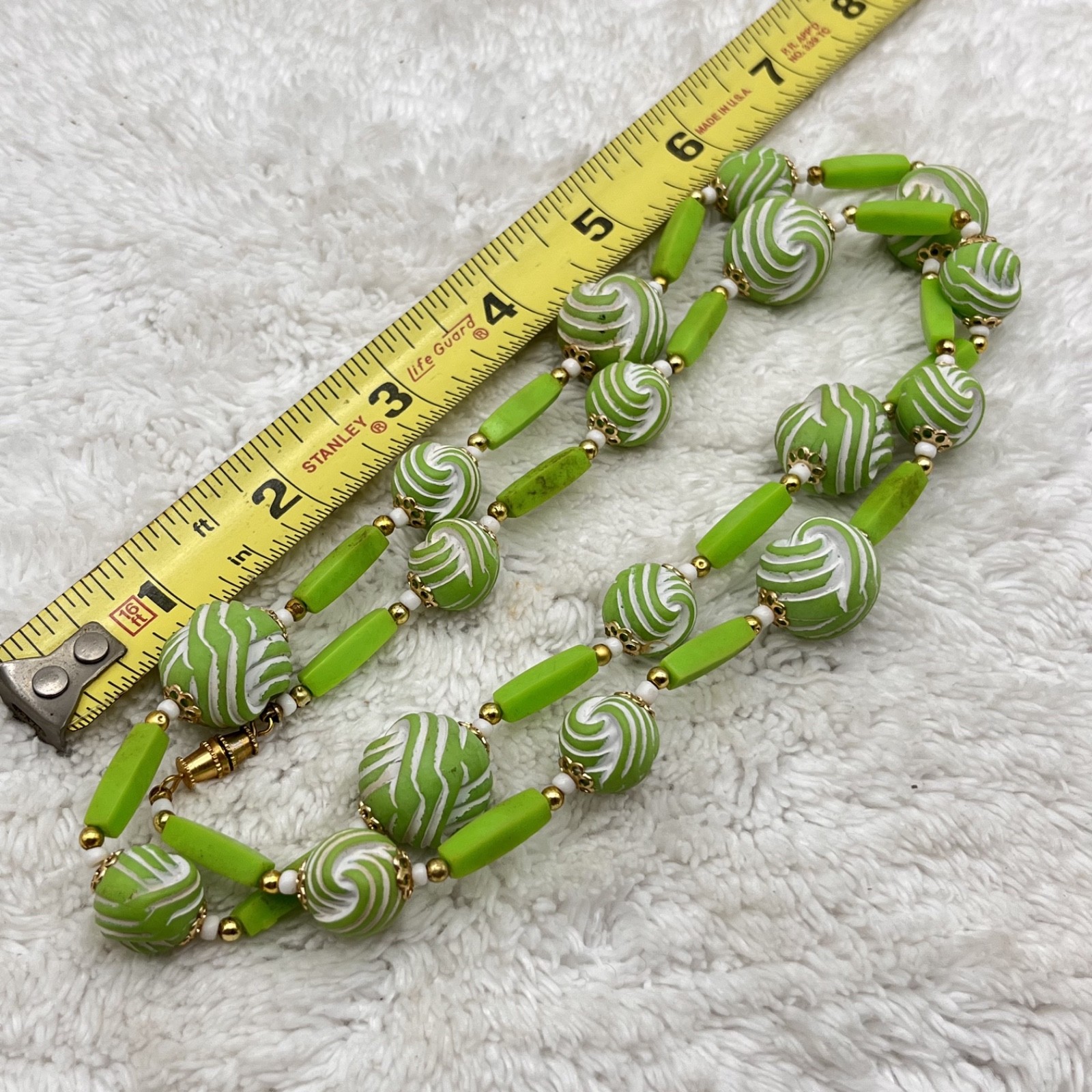 Vintage Green Plastic Necklace Carved Lime Green Beads