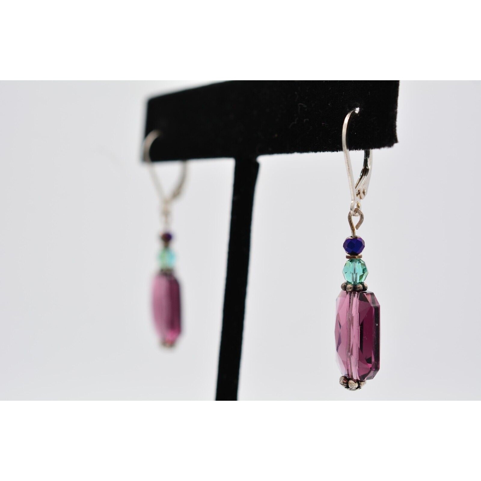 Vintage Crystal Dangle Earrings 925 Sterling Silver Purple Blue Beaded 1980s 9I