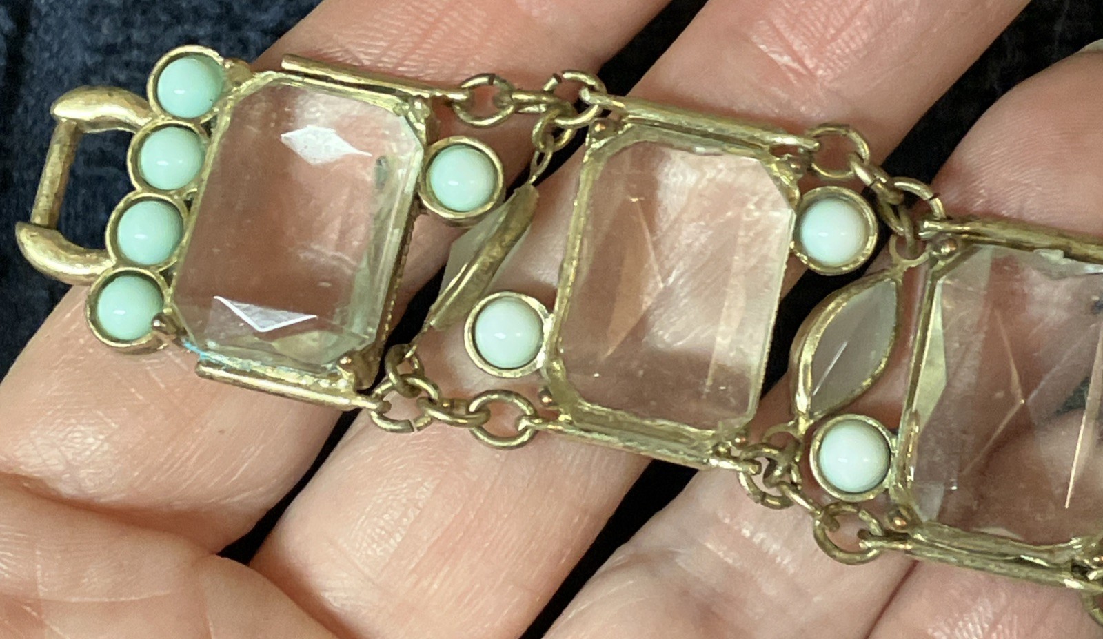 Vntge “Rock Crystal” Lucite/Acrylic Bracelet Rectangle Clear Faceted Panels 7.5”