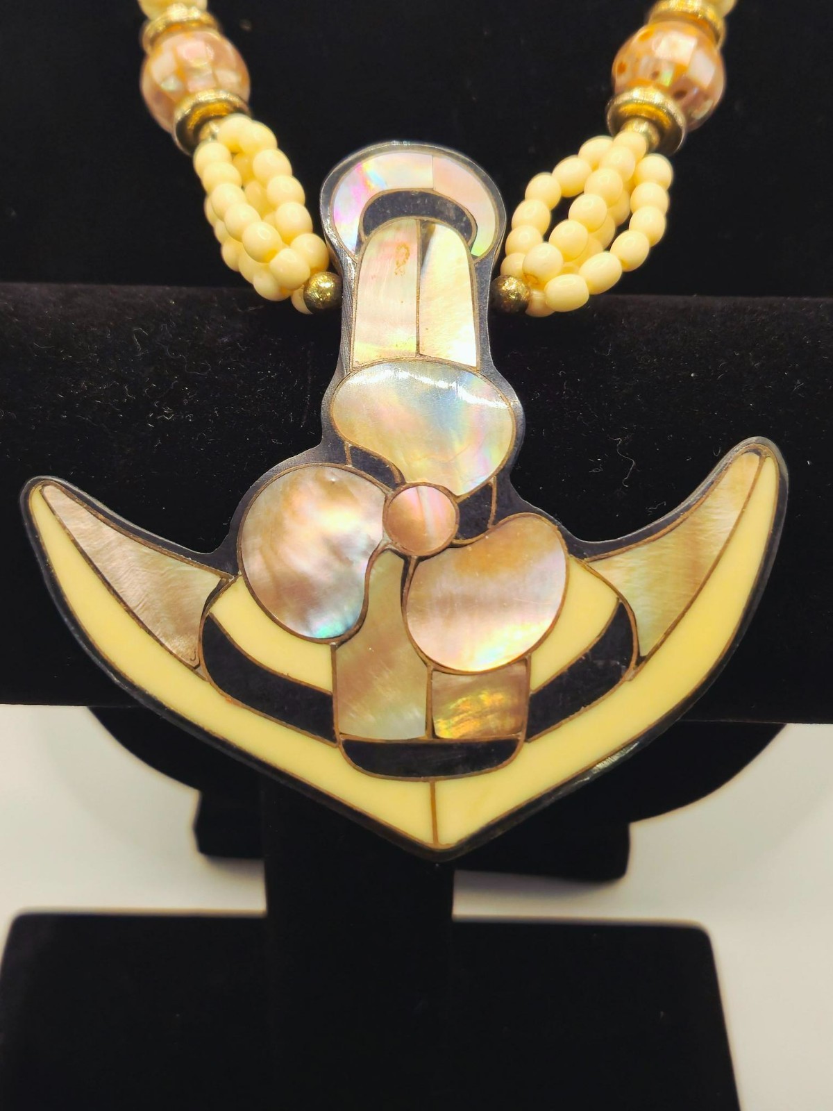 Vintage 1960s Abalone Shell Anchor Pendant Necklace Mid-Century Nautical Beaded