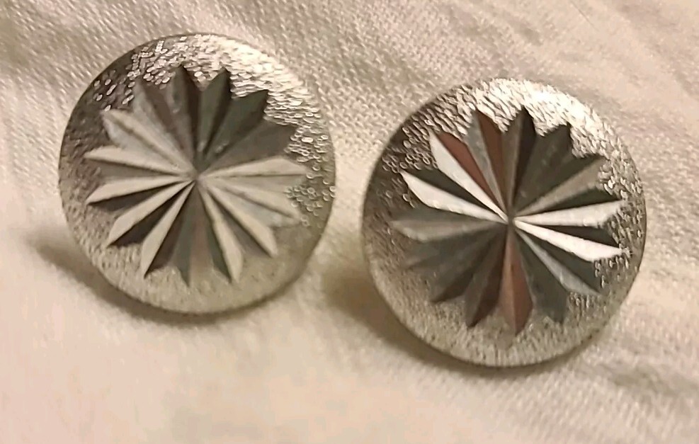Rare Earrings Vintage MCM Atomic Star Burst Carved Round Aluminum Space Race
