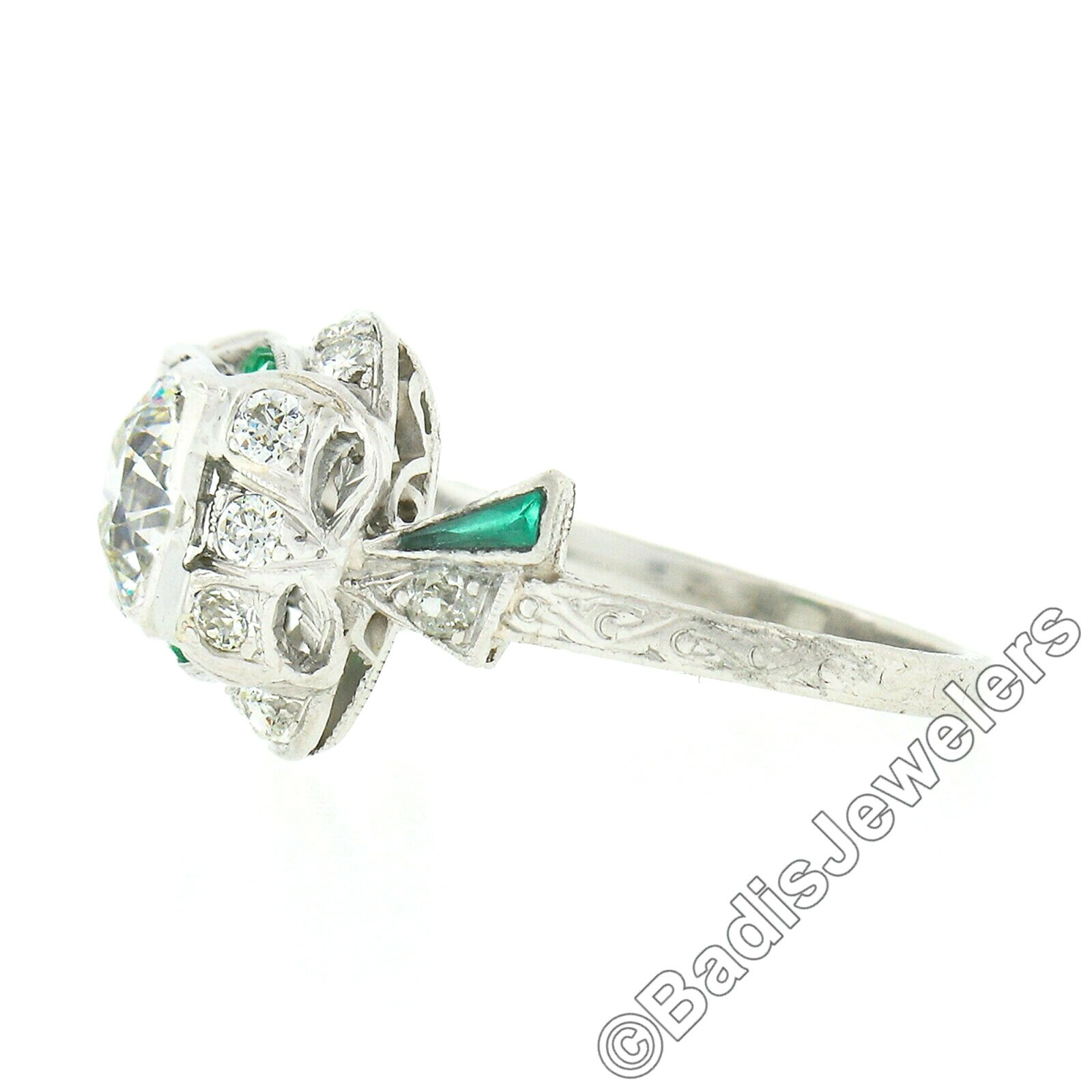 Antique Art Deco Platinum Old European Diamond & Emerald Ribbon Engagement Ring