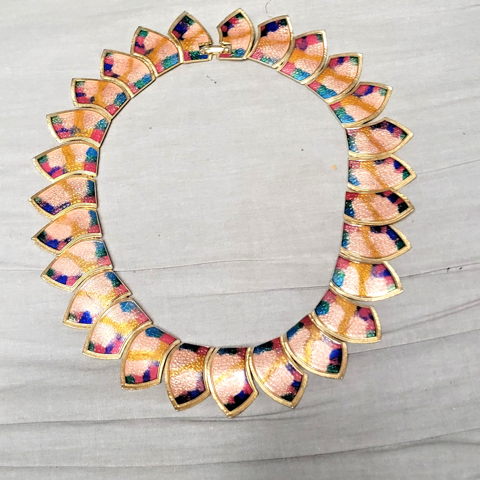 Vintage 1980’s Gold, Red, Green & Purple Enamel Collar Necklace Gold Tone