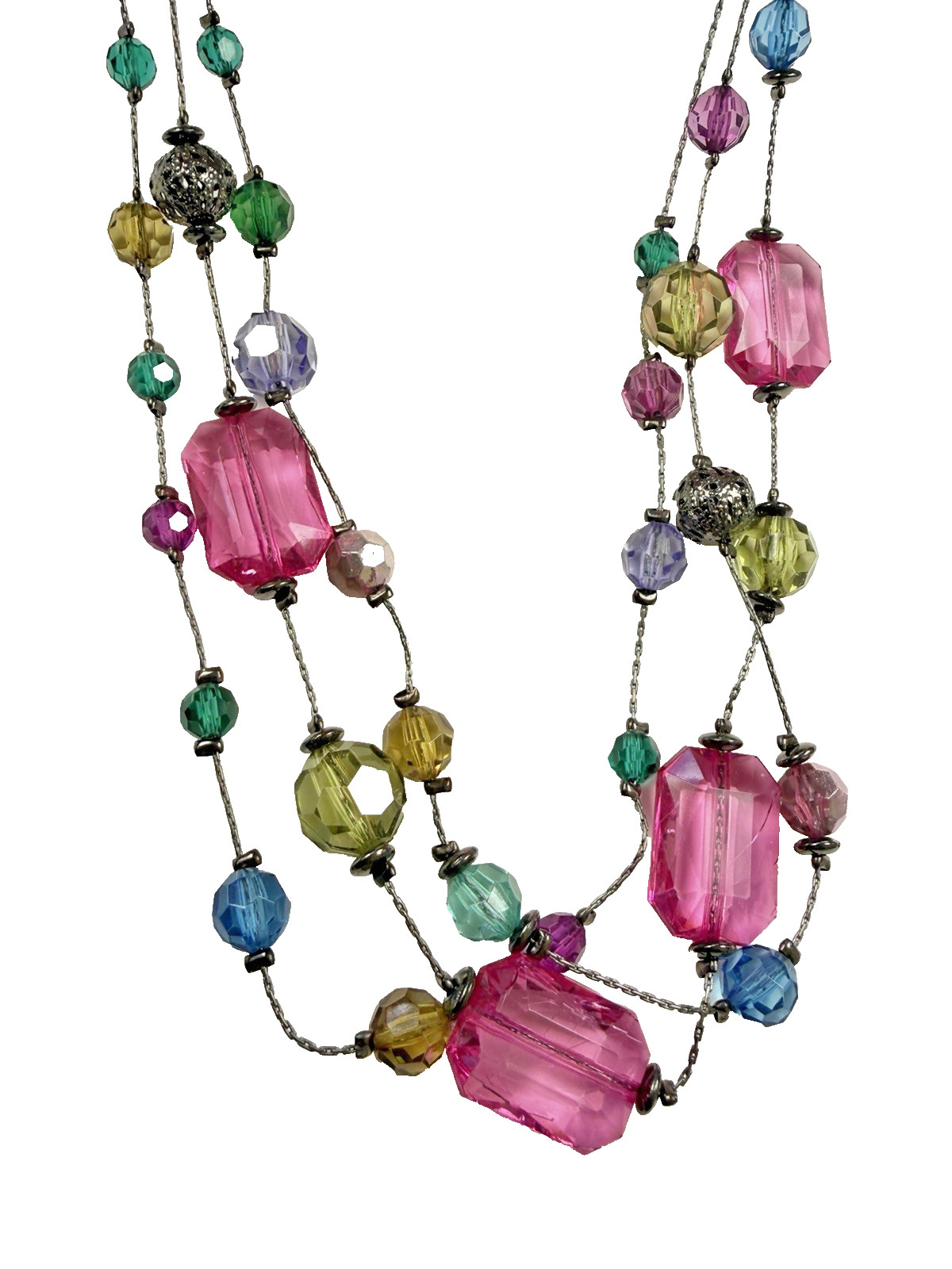 Vintage Colorful Layered Beaded Necklace Pink Acrylic Statement Gunmetal Y2K