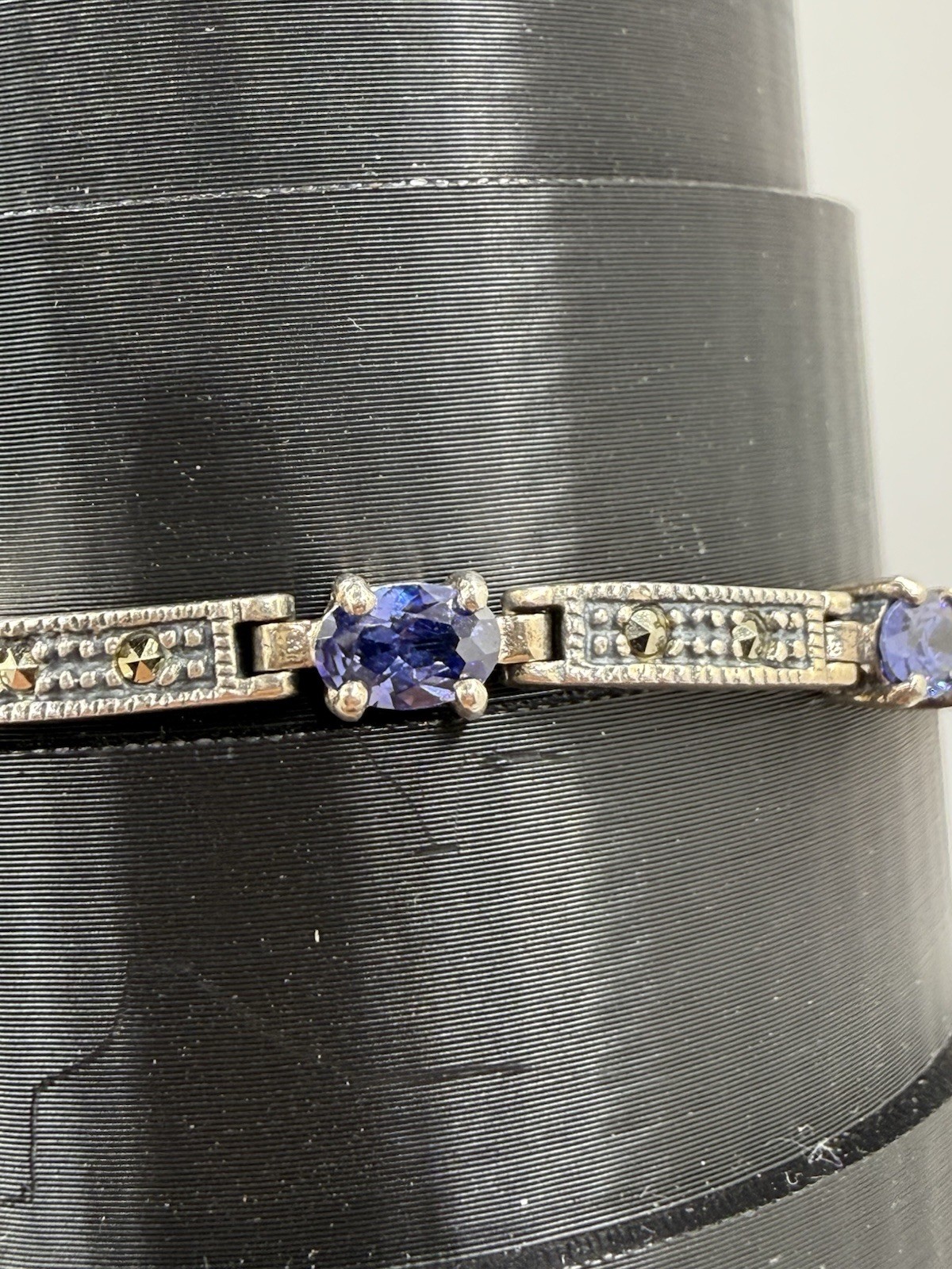 Vintage 925 CW Amethyst Marcasite Stone Panel Link Bracelet Sterling Silver 8”