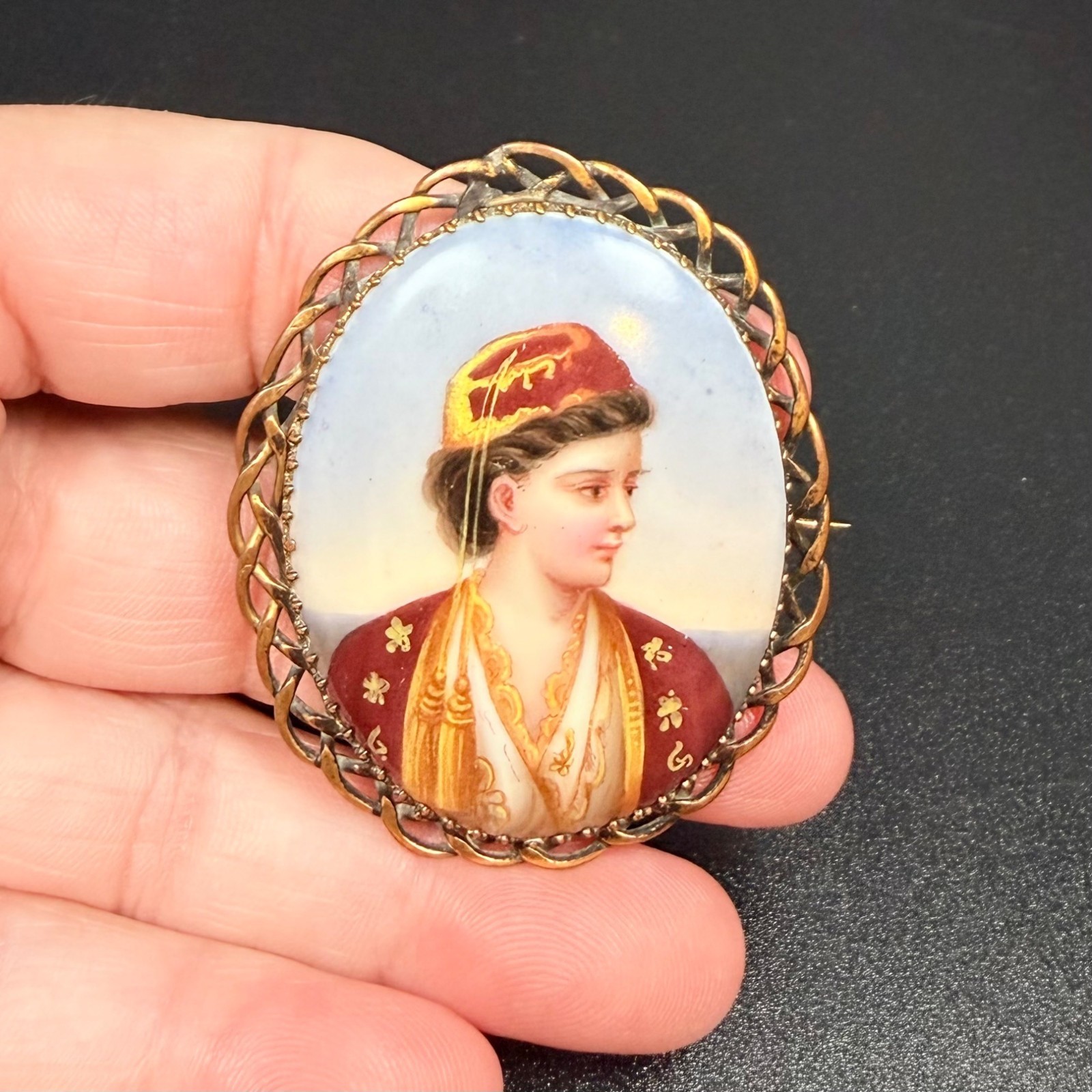 Antique Hand Painted Porcelain Portrait Brooch Woman Greek Ottoman Costume
