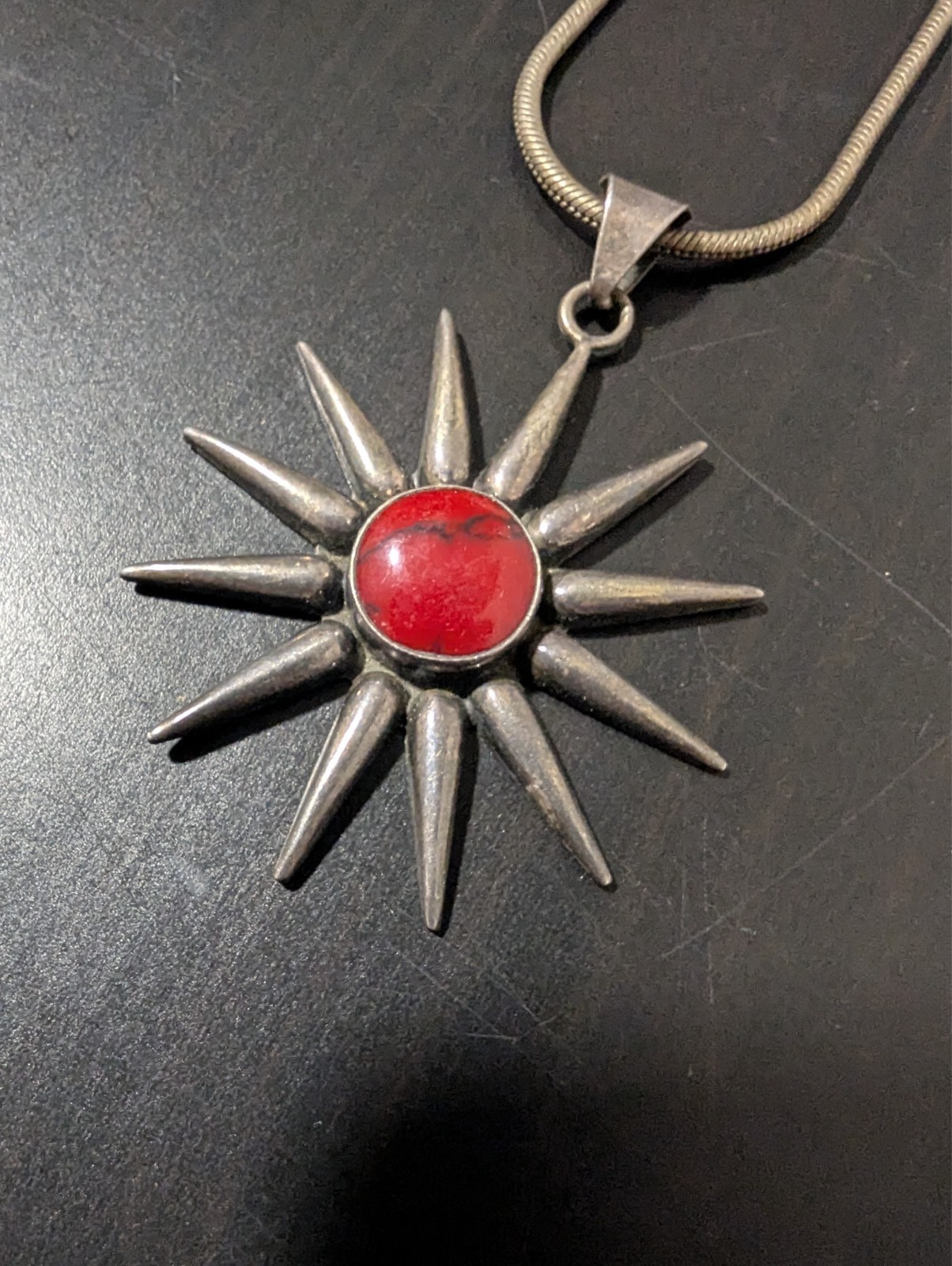 Large Southwestern 925 Sterling Silver Natural Crimson Red Sun Pendant
