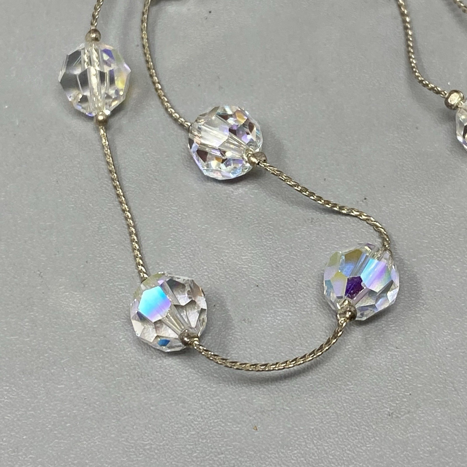 Aurora Borealis Crystal Bead Necklace Faceted Glass Silver Tone Chain Collar 18″