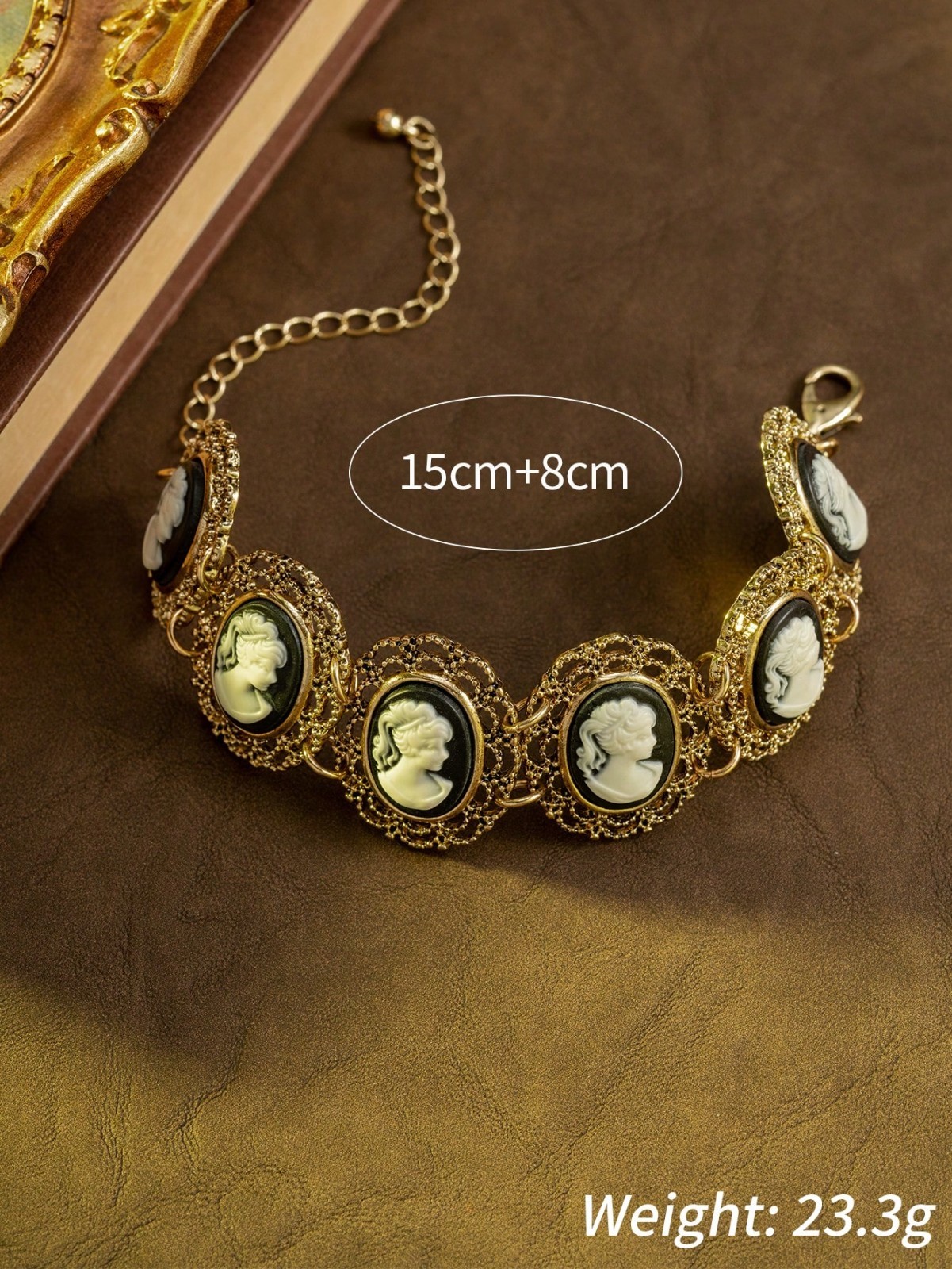 Vintage Gold Cameo Portrait Bracelet Victorian Style Adjustable Link Rare Unique