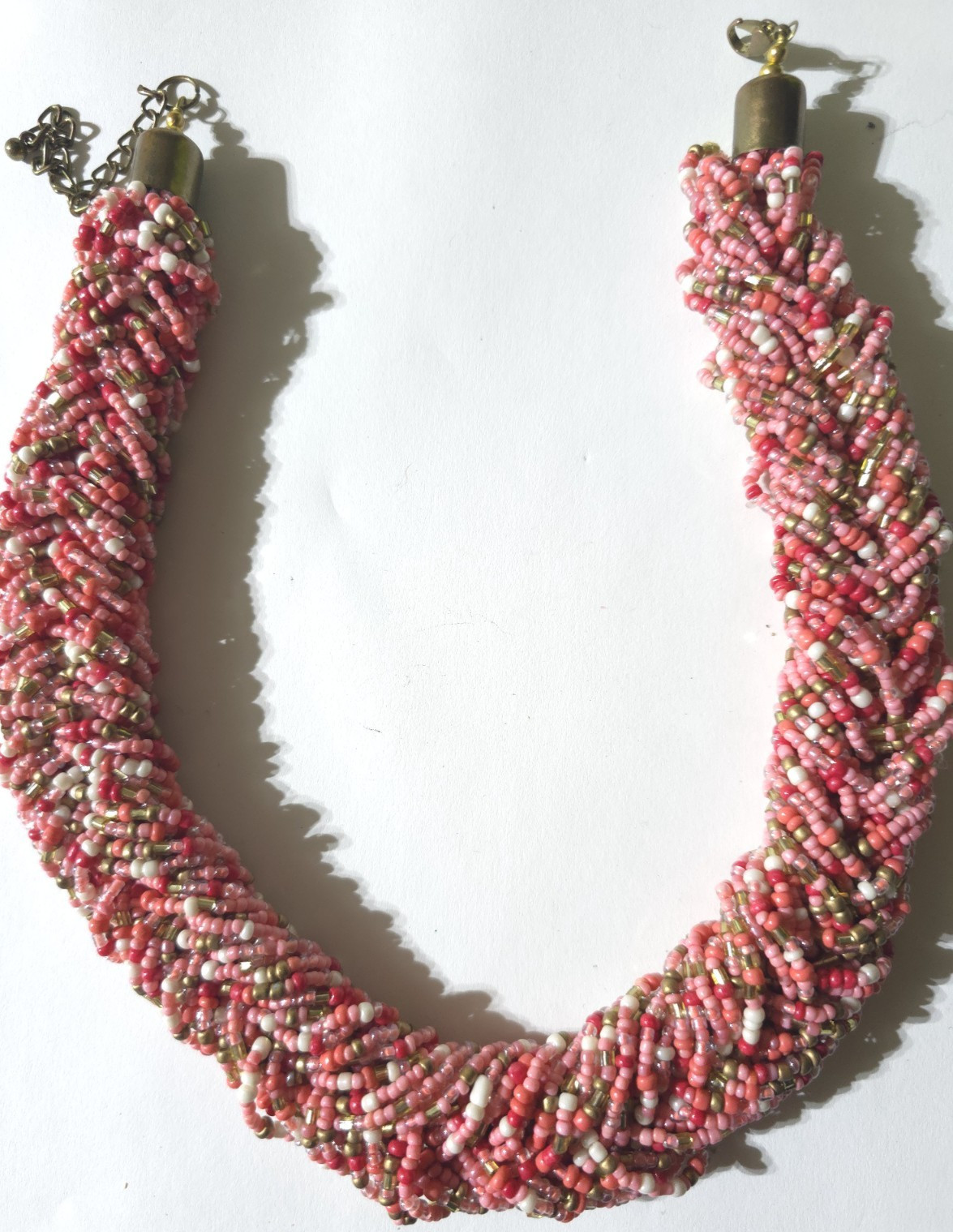 Vintage Bayadere pink white brown braided beads gold tone 21″