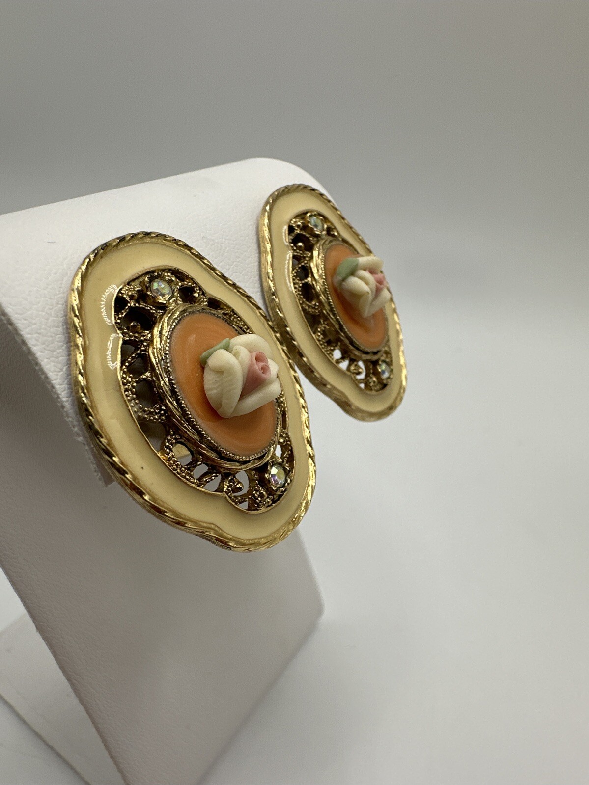 Vintage 1928 Gold Tone Orange & Cream Enamel AB Crystal Clip On Rose Earrings