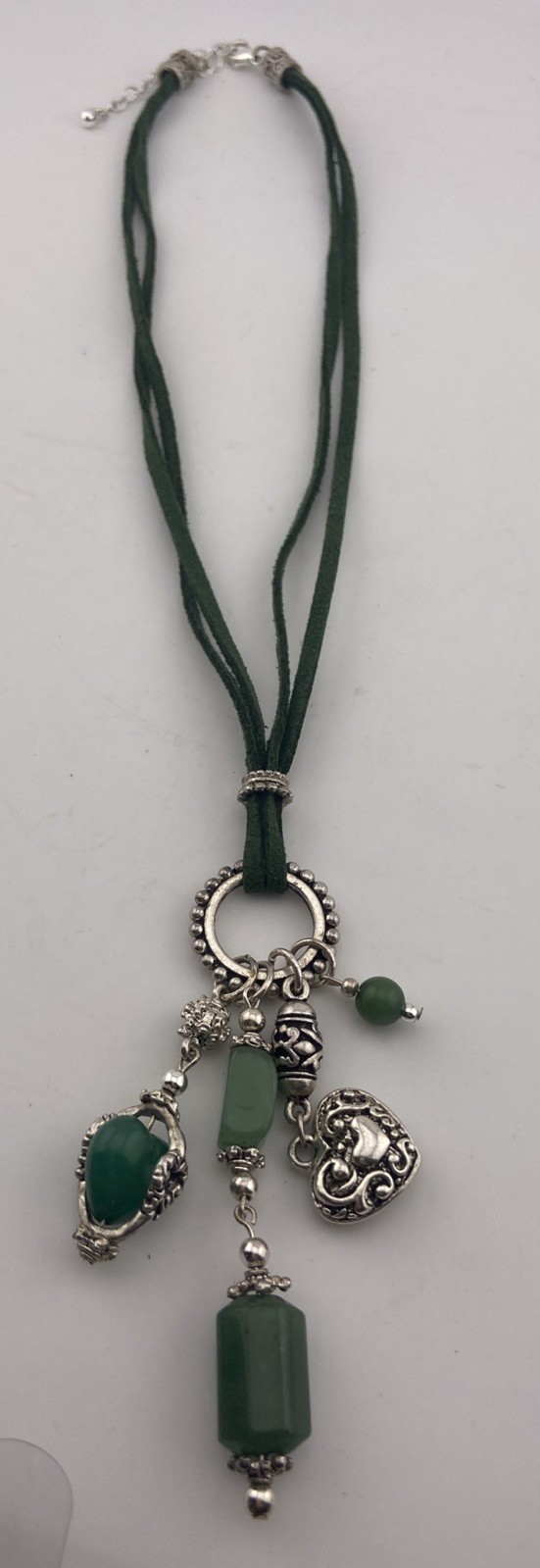 Mod Vtg Silver & Green Semi Precious Stone Tassel Necklace W/ Double Suede Cord