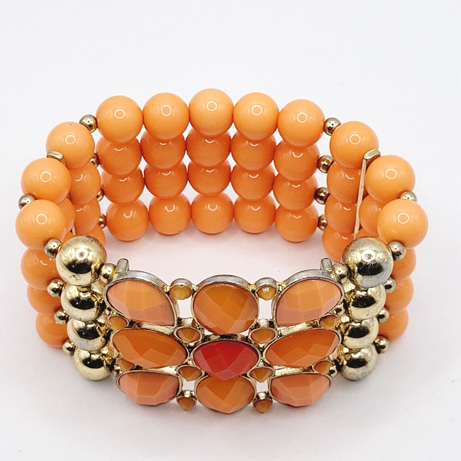 Orange Sherbet Melon Shade Wide Chunky Stretch Beaded Bangle Vintage Bracelet