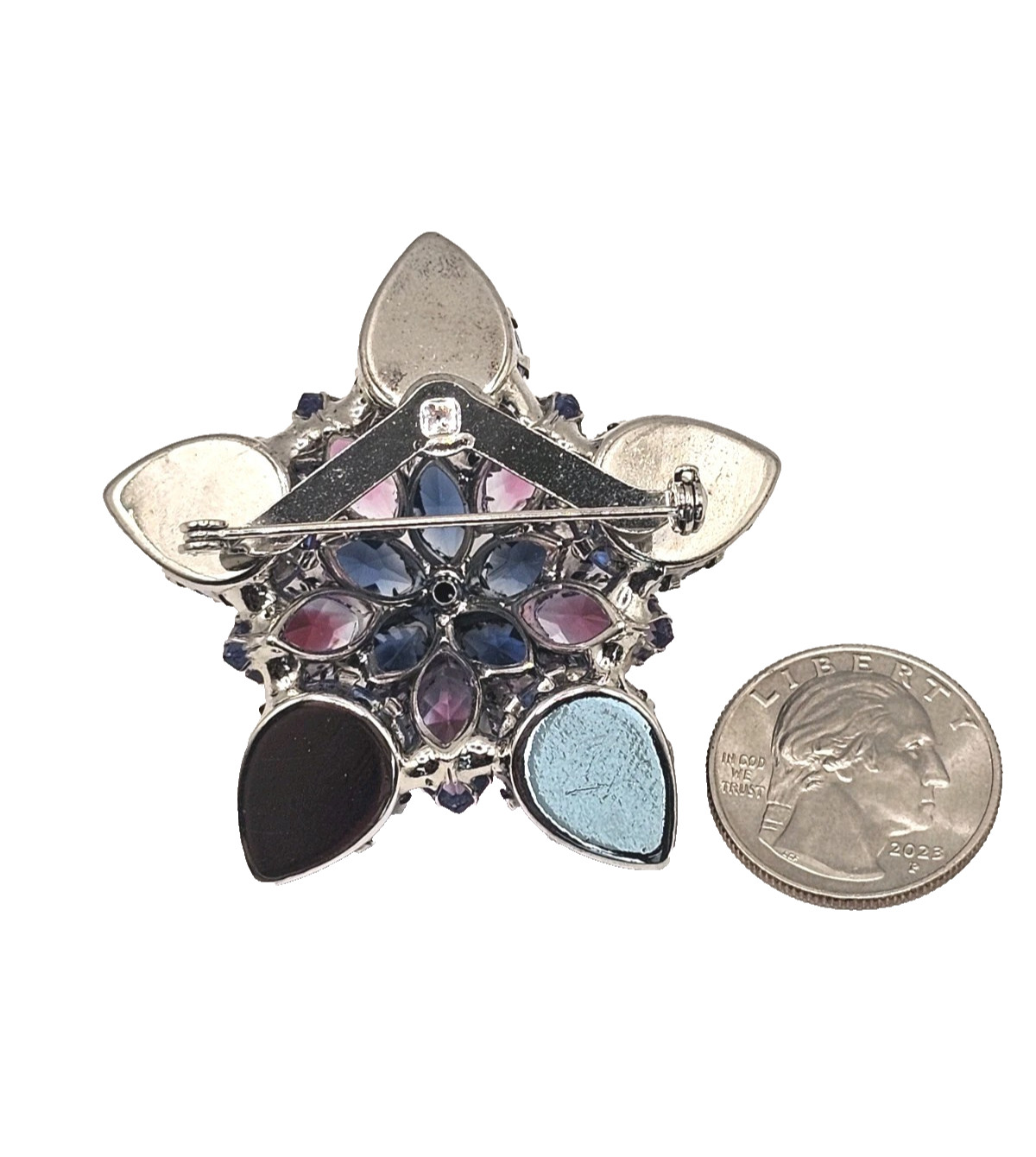 VTG Starburst Domed Purple Blue Pink Vitrail Glass Rhinestone Brooch Silver Tone