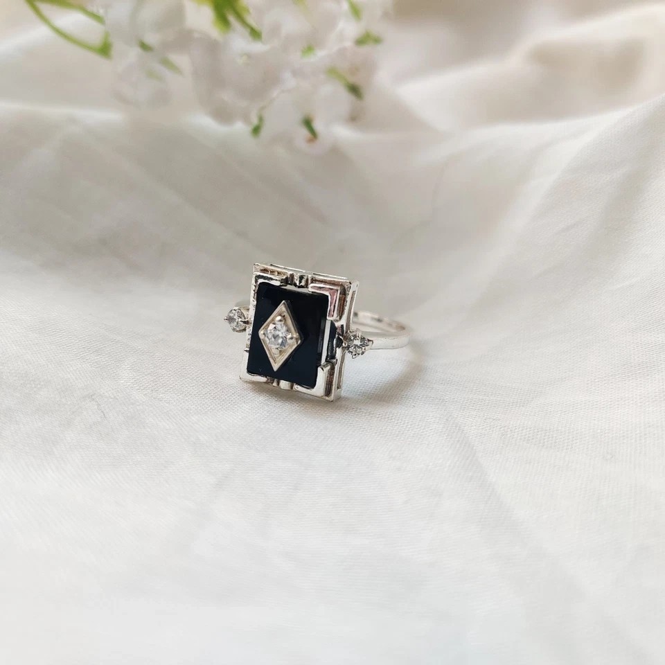 Art Deco Style Lab-Created Diamond & Black Onyx 14K Wedding White Gold FN Ring