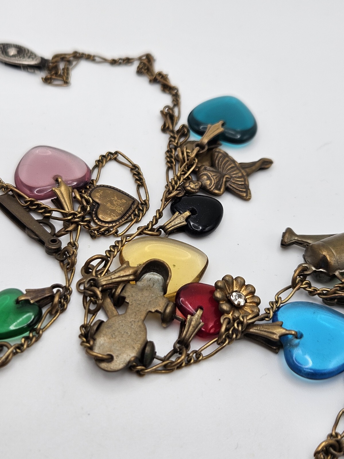 Glass Works Studio Brass Tone Multicolor Glass Dangle Hearts Charm Necklace